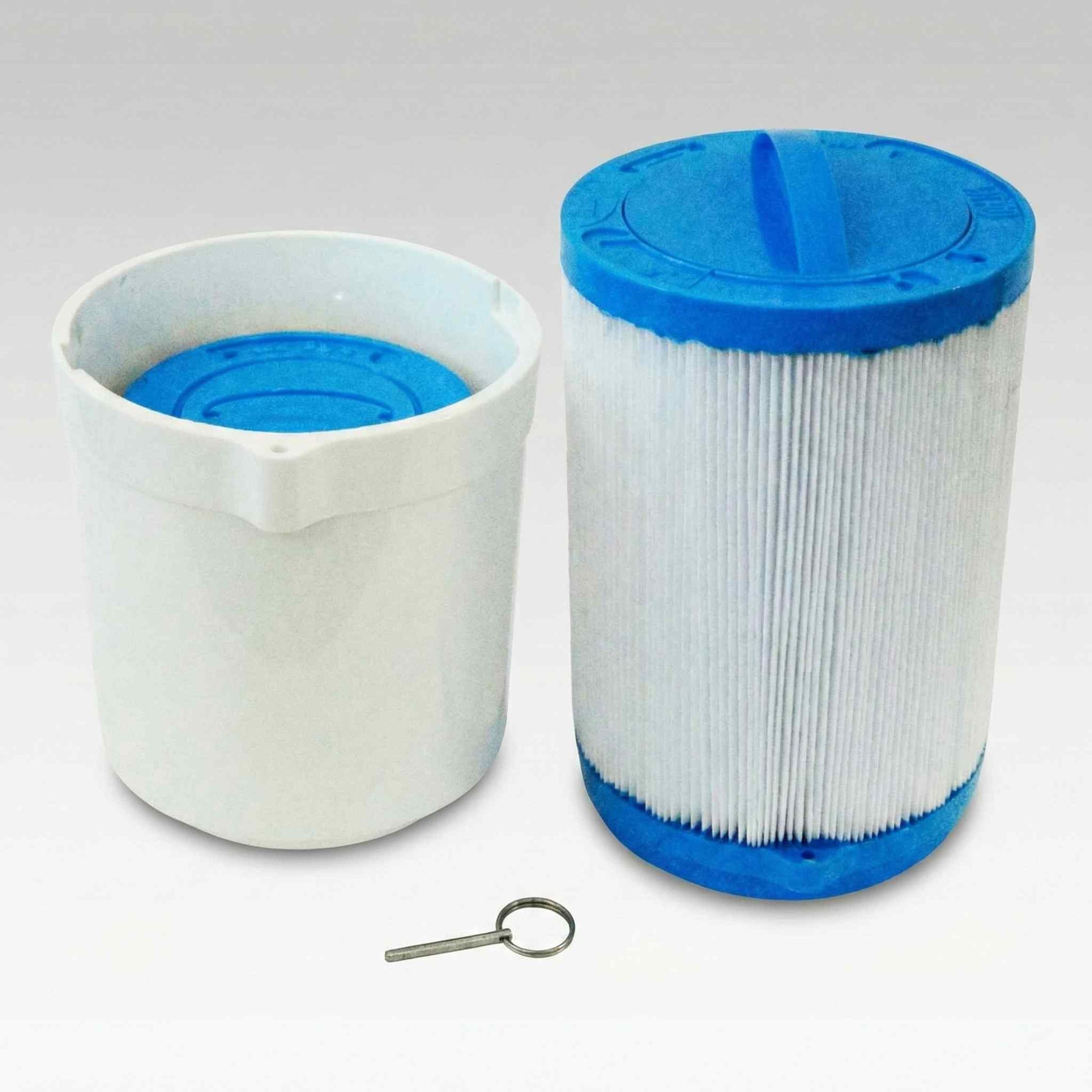 ProClear 60 sq ft filter disassembled showing outer and inner elements with blue caps and removal key