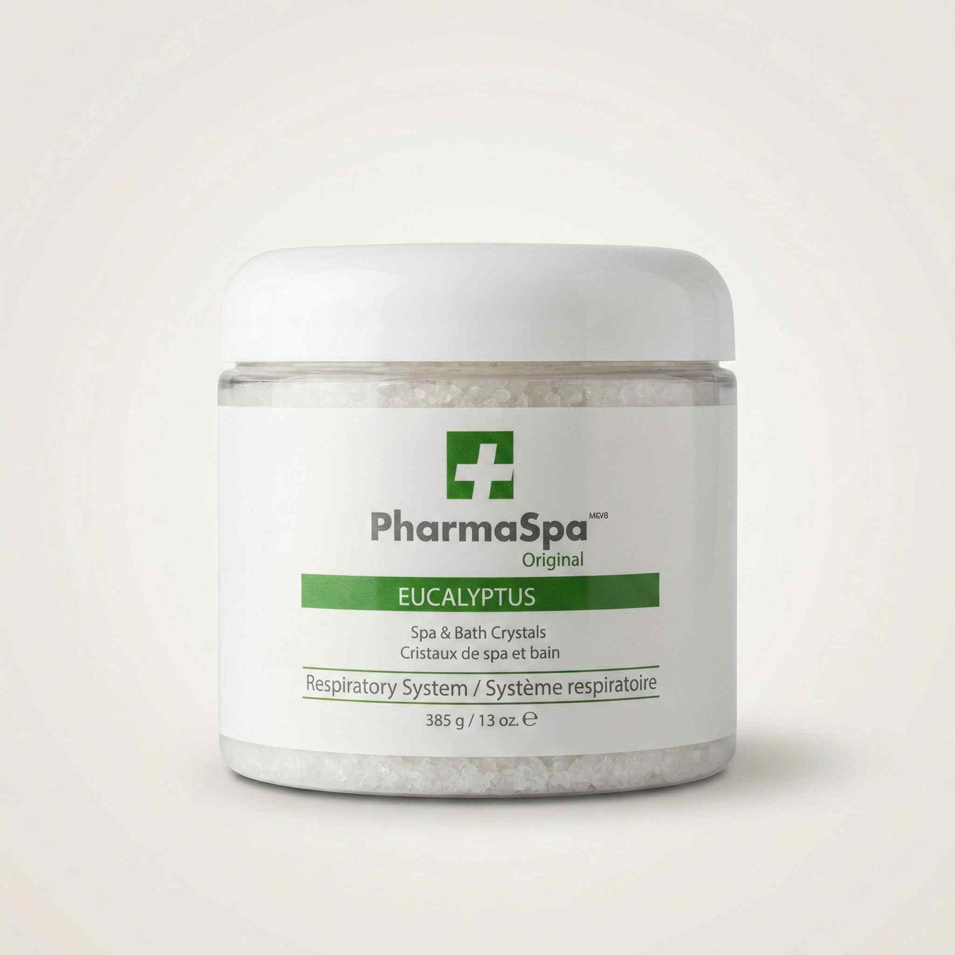 White jar of PharmaSpa Eucalyptus spa crystals with green label for respiratory wellness