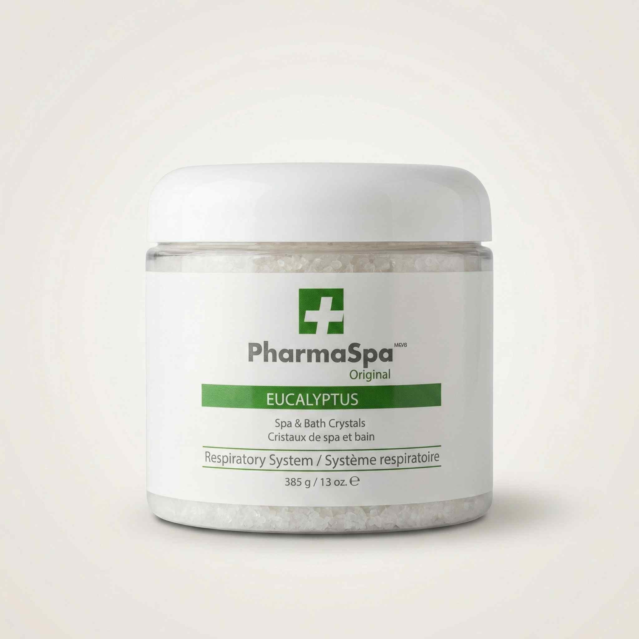 White jar of PharmaSpa Eucalyptus spa crystals with green label for respiratory wellness