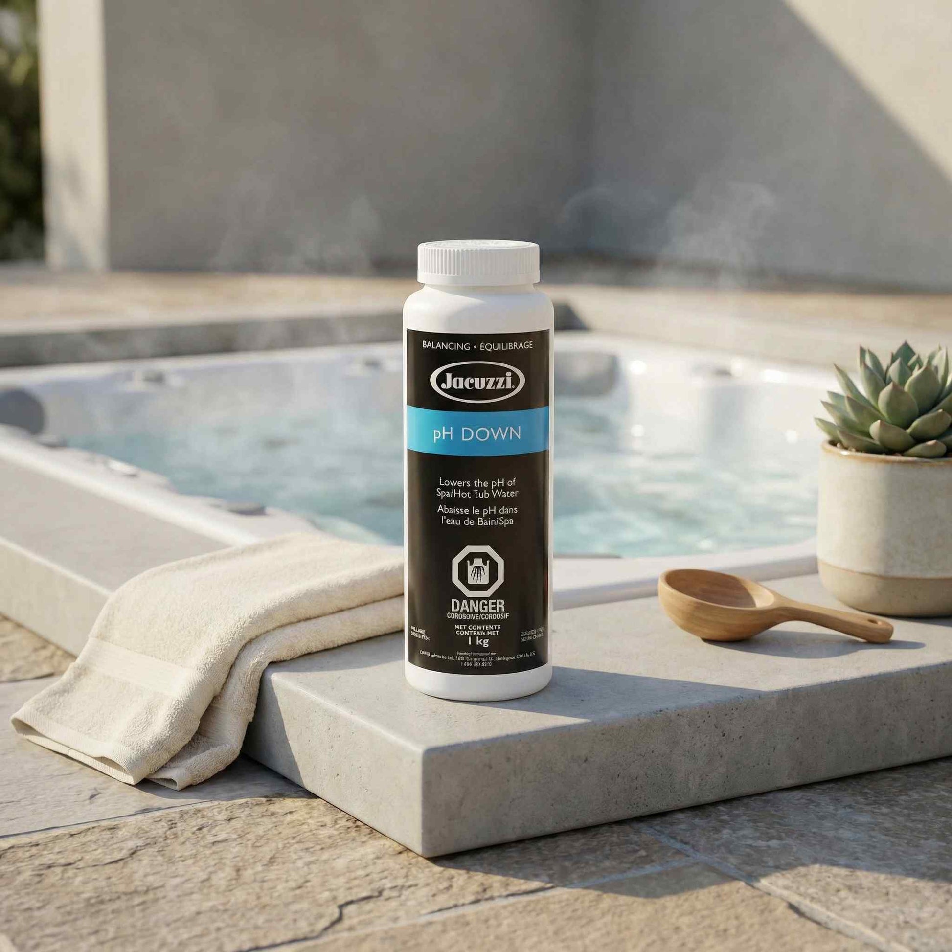 Jacuzzi pH Down product bottle on a stone ledge near a pool