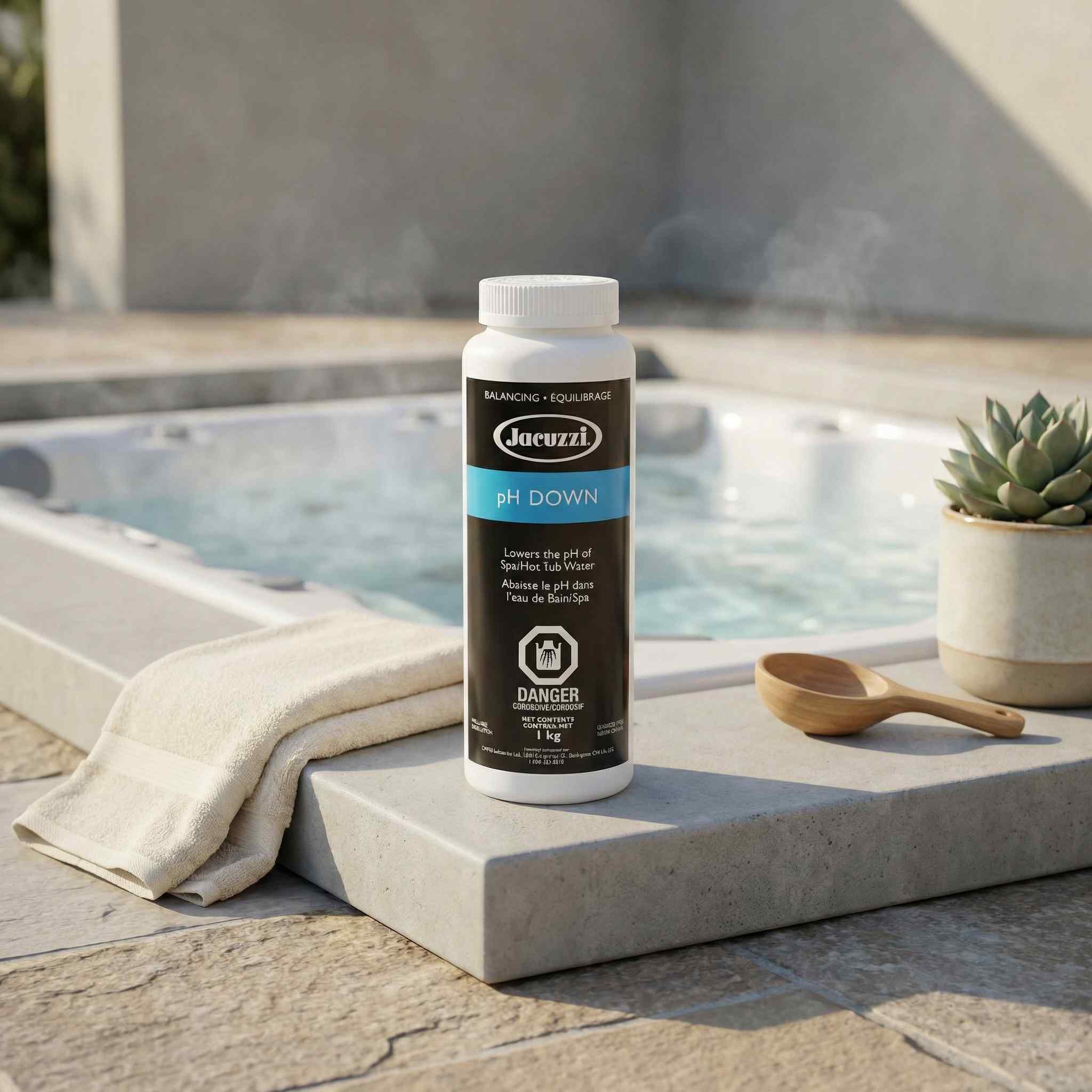 Jacuzzi pH Down product bottle on a stone ledge near a pool