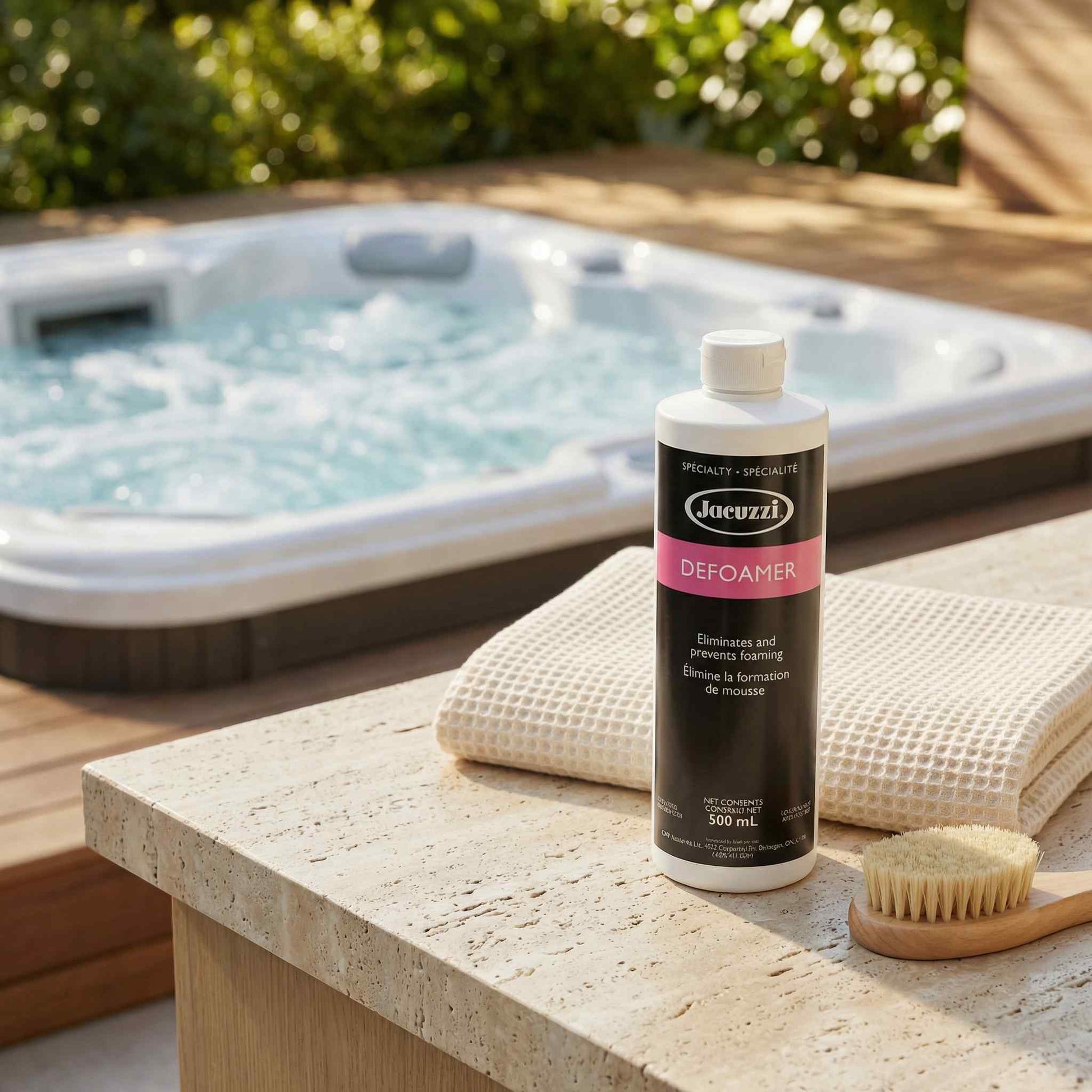 Jacuzzi Defoamer bottle beside an outdoor hot tub with a cleaning brush and towel