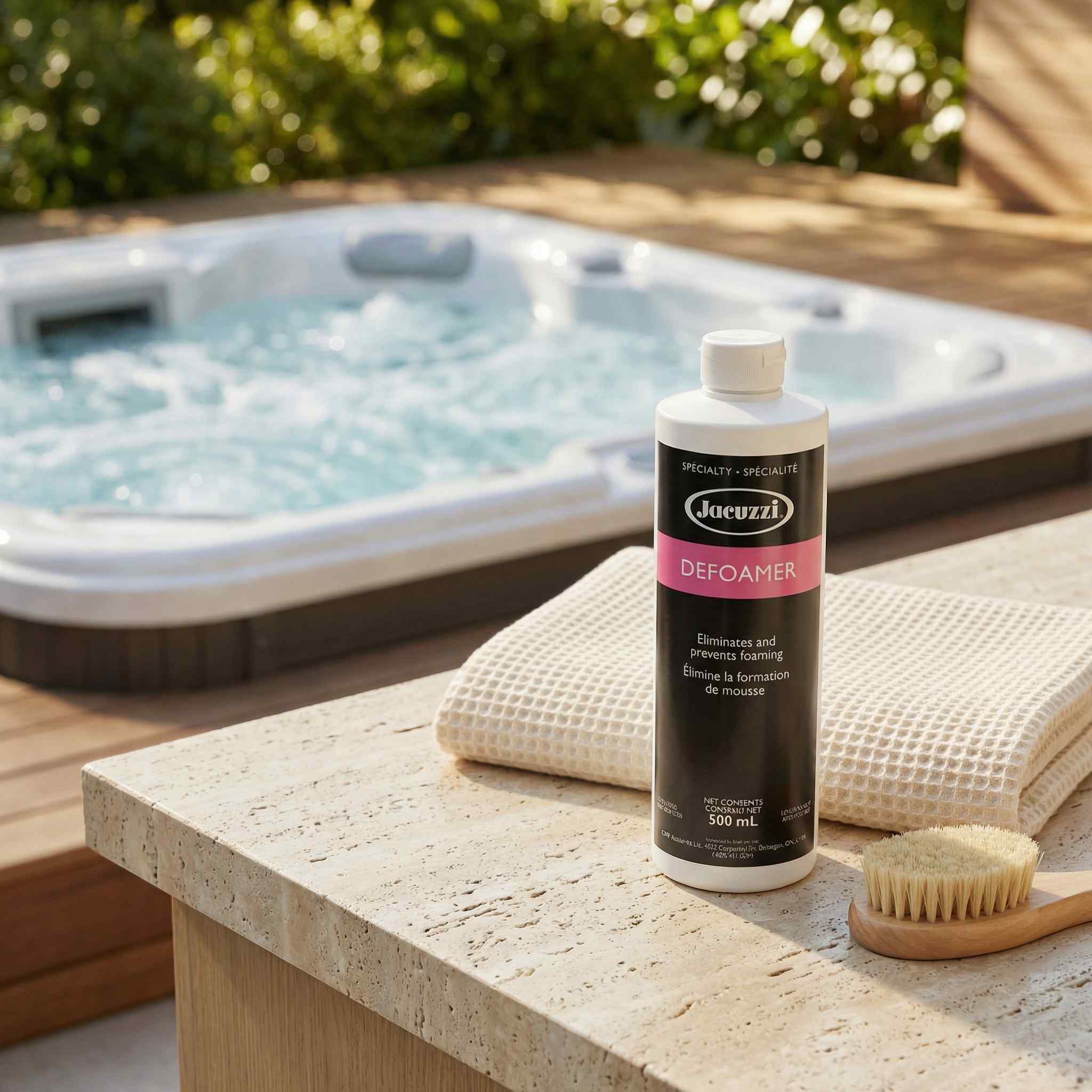 Jacuzzi Defoamer bottle beside an outdoor hot tub with a cleaning brush and towel
