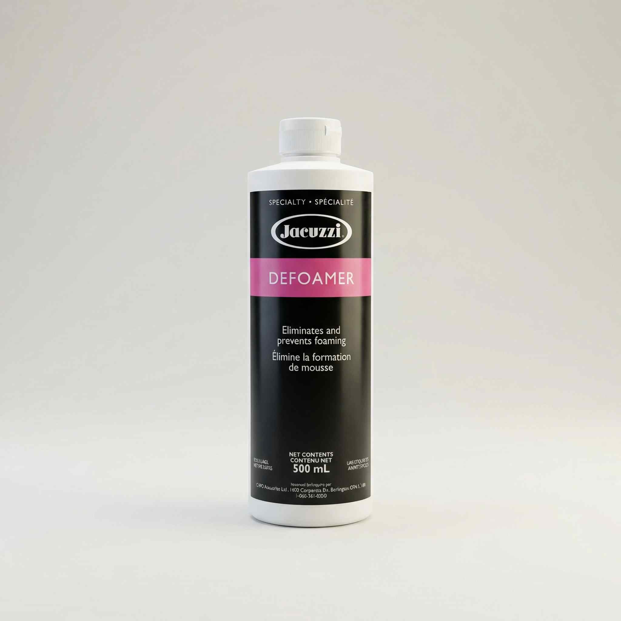 Brown 500 ml bottle of Jacuzzi Defoamer anti-foam hot tub treatment with dark red label