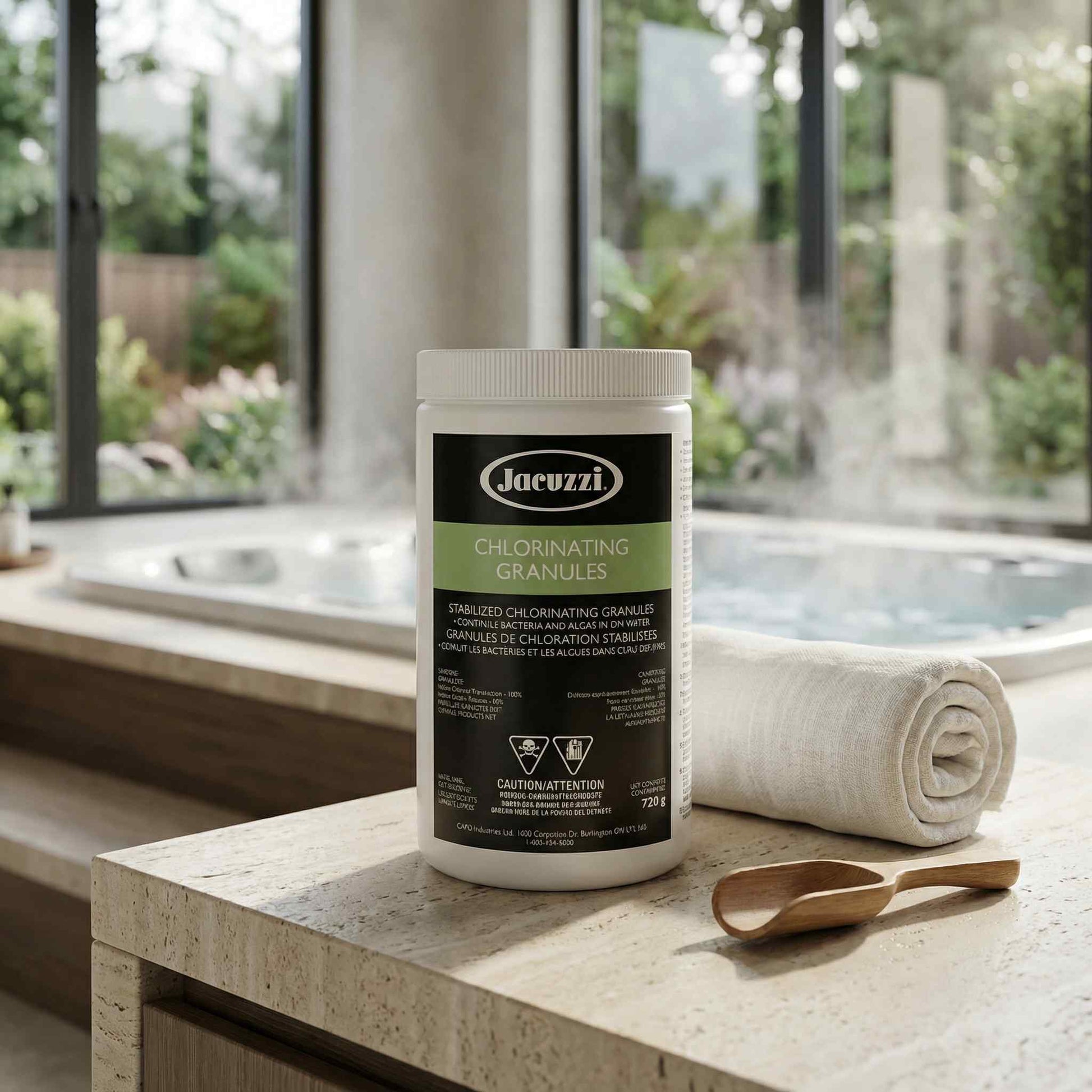 Jacuzzi chlorinating granules container on a windowsill with a garden view