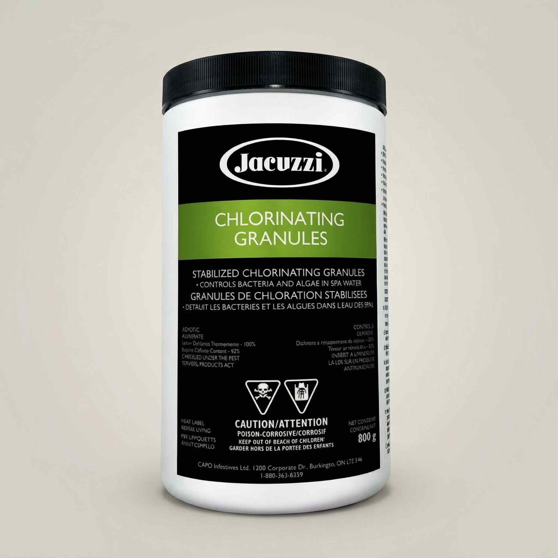 Jacuzzi chlorinating granules container on a beige background