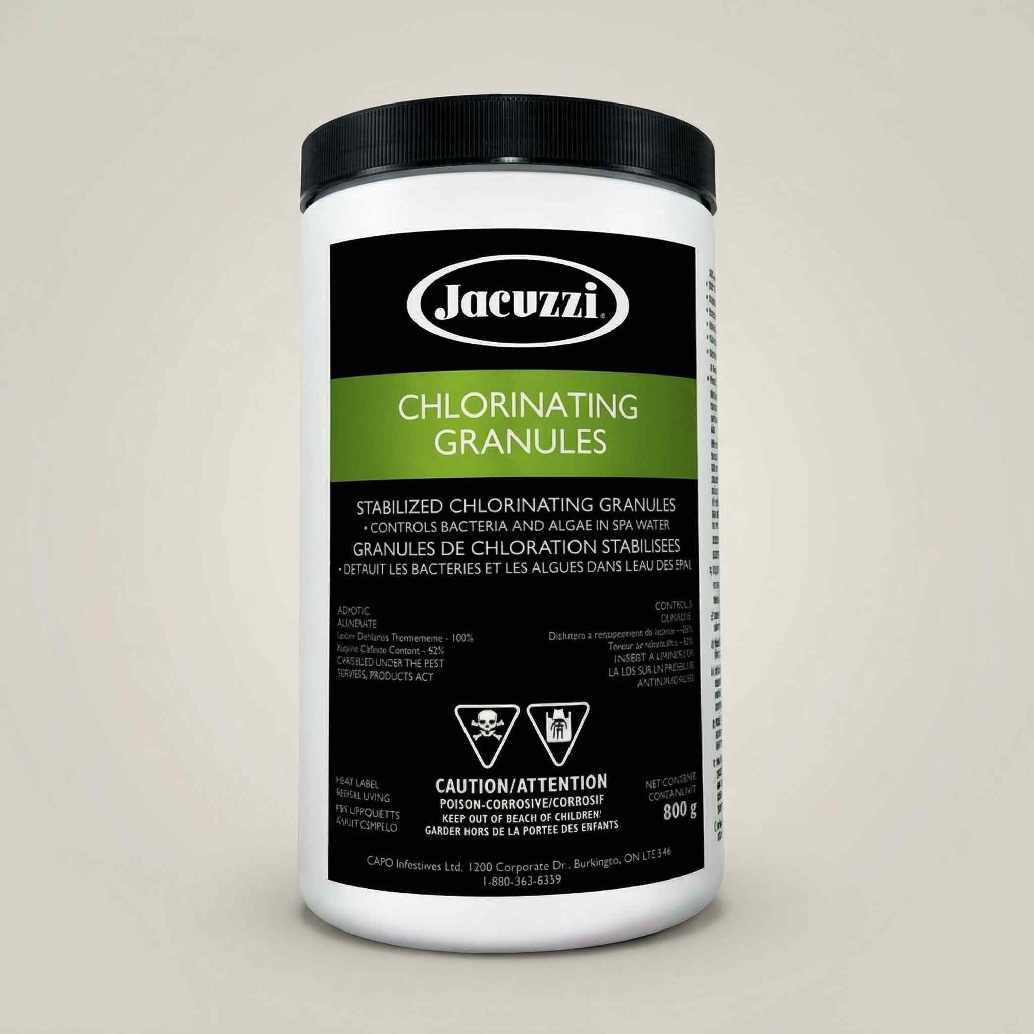 Jacuzzi chlorinating granules container on a beige background