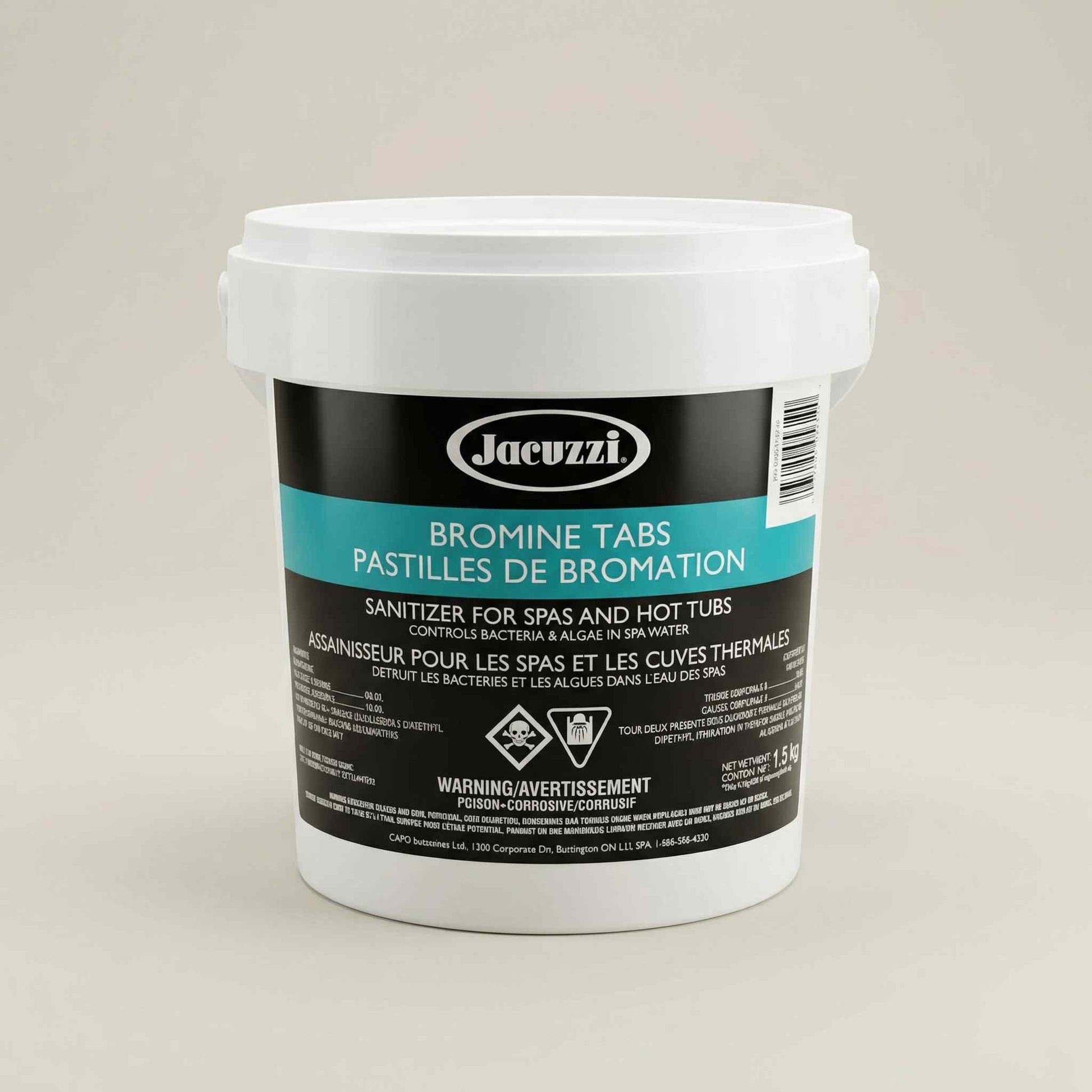 White 1.5 kg bucket of Jacuzzi Bromine Tabs sanitizer for spas and hot tubs