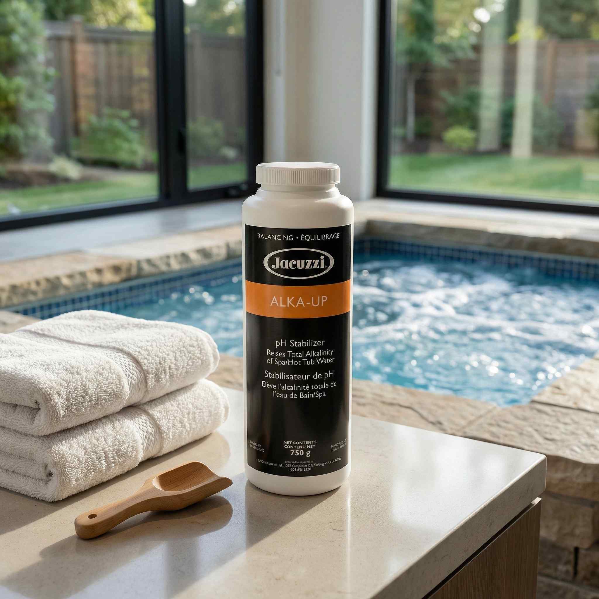 Jacuzzi ALKA-UP pool maintenance product on a ledge with towels and a wooden scoop by a pool.