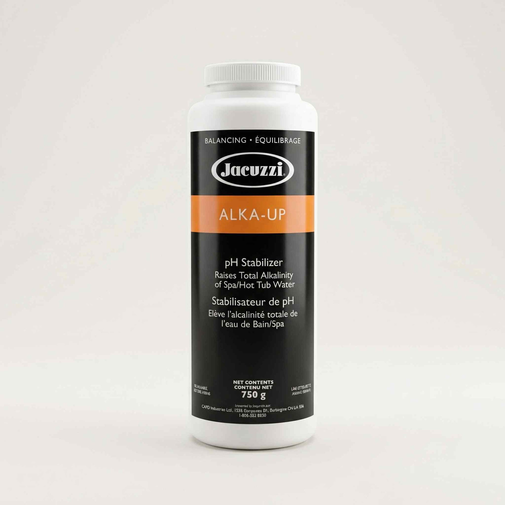 Brown 750 g bottle of Jacuzzi Alka-Up pH stabilizer with orange label on white background