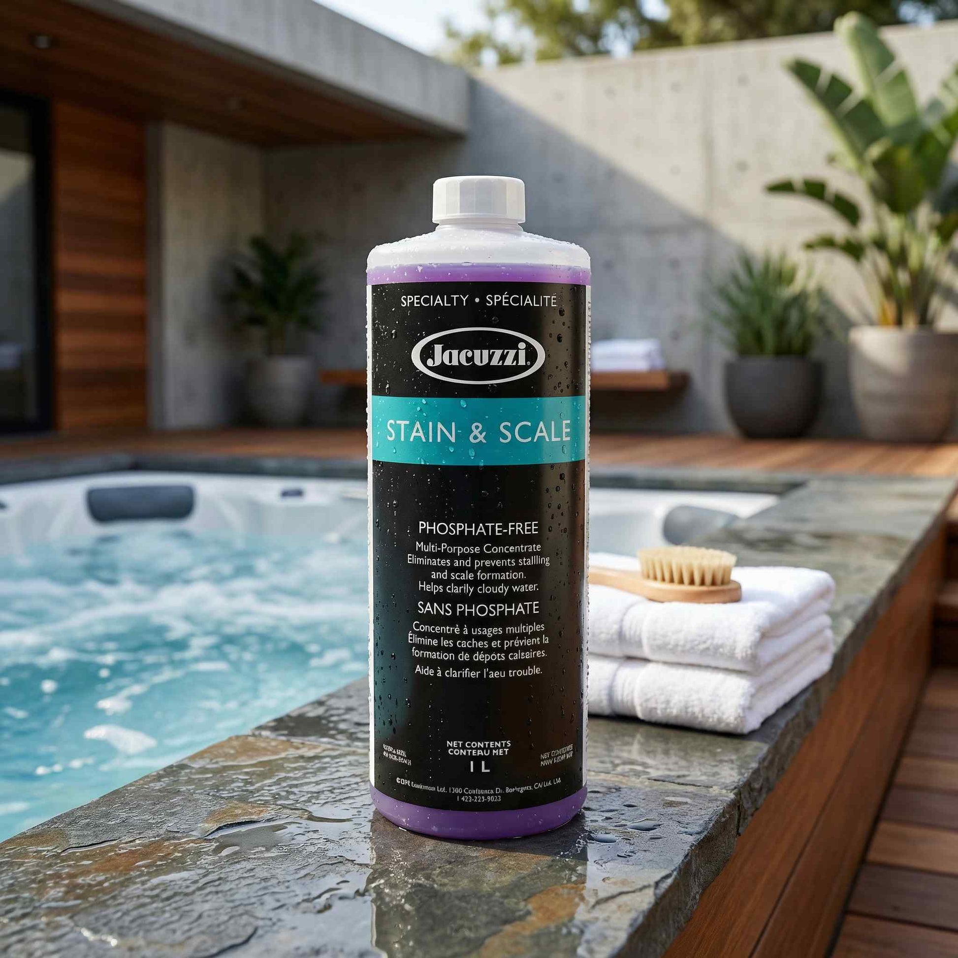 Jacuzzi Stain & Scale treatment bottle on a poolside ledge with towels and a brush.