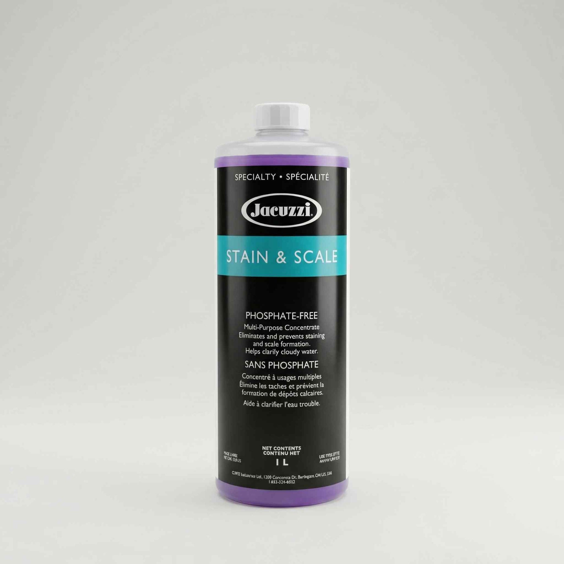 Dark 1L bottle of Jacuzzi Stain & Scale phosphate-free treatment with black and red label