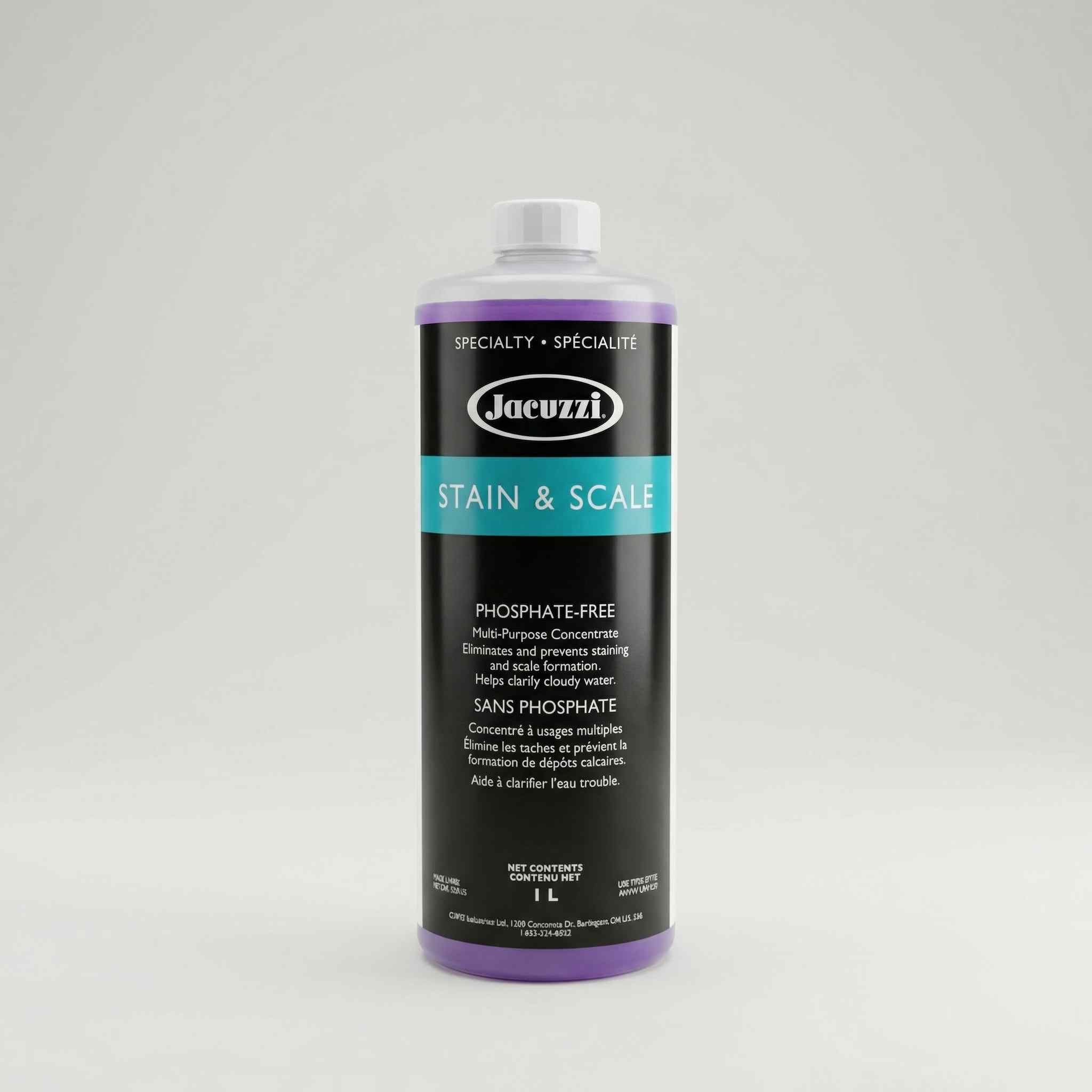 Dark 1L bottle of Jacuzzi Stain & Scale phosphate-free treatment with black and red label