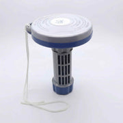 White and blue Capo floating chemical dispenser with adjustable twist-top lid on white background