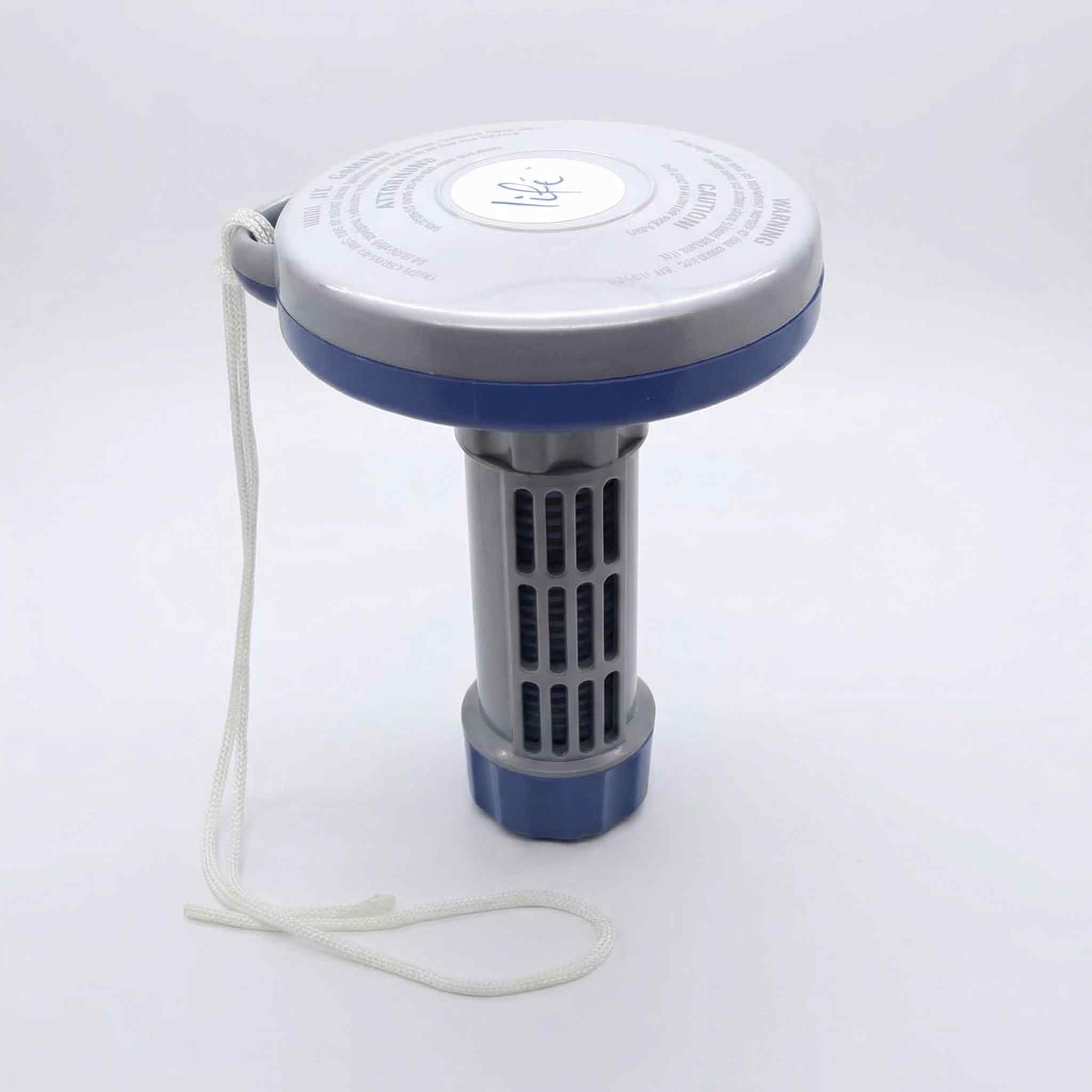 White and blue Capo floating chemical dispenser with adjustable twist-top lid on white background