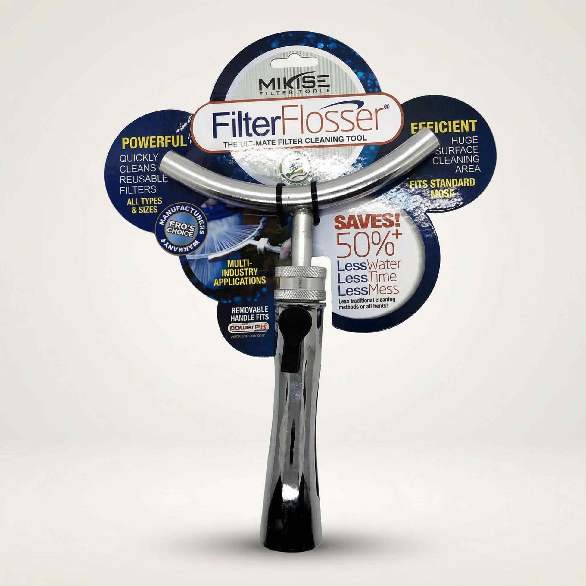 Filter Flosser AquaMagic garden hose attachment in blue branded packaging with cleaning brush
