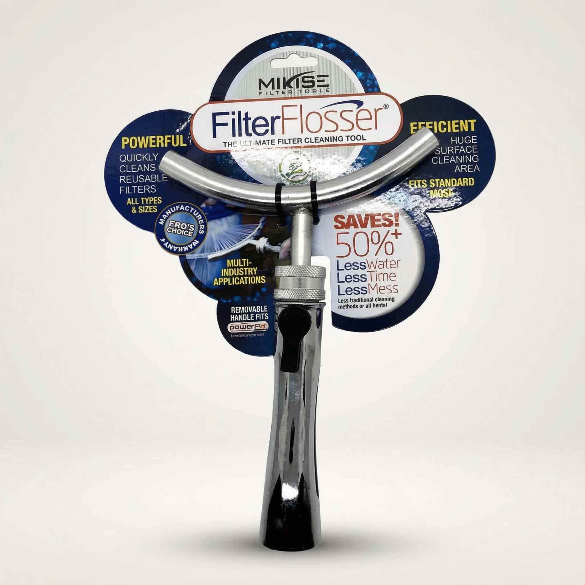 Filter Flosser AquaMagic garden hose attachment in blue branded packaging with cleaning brush