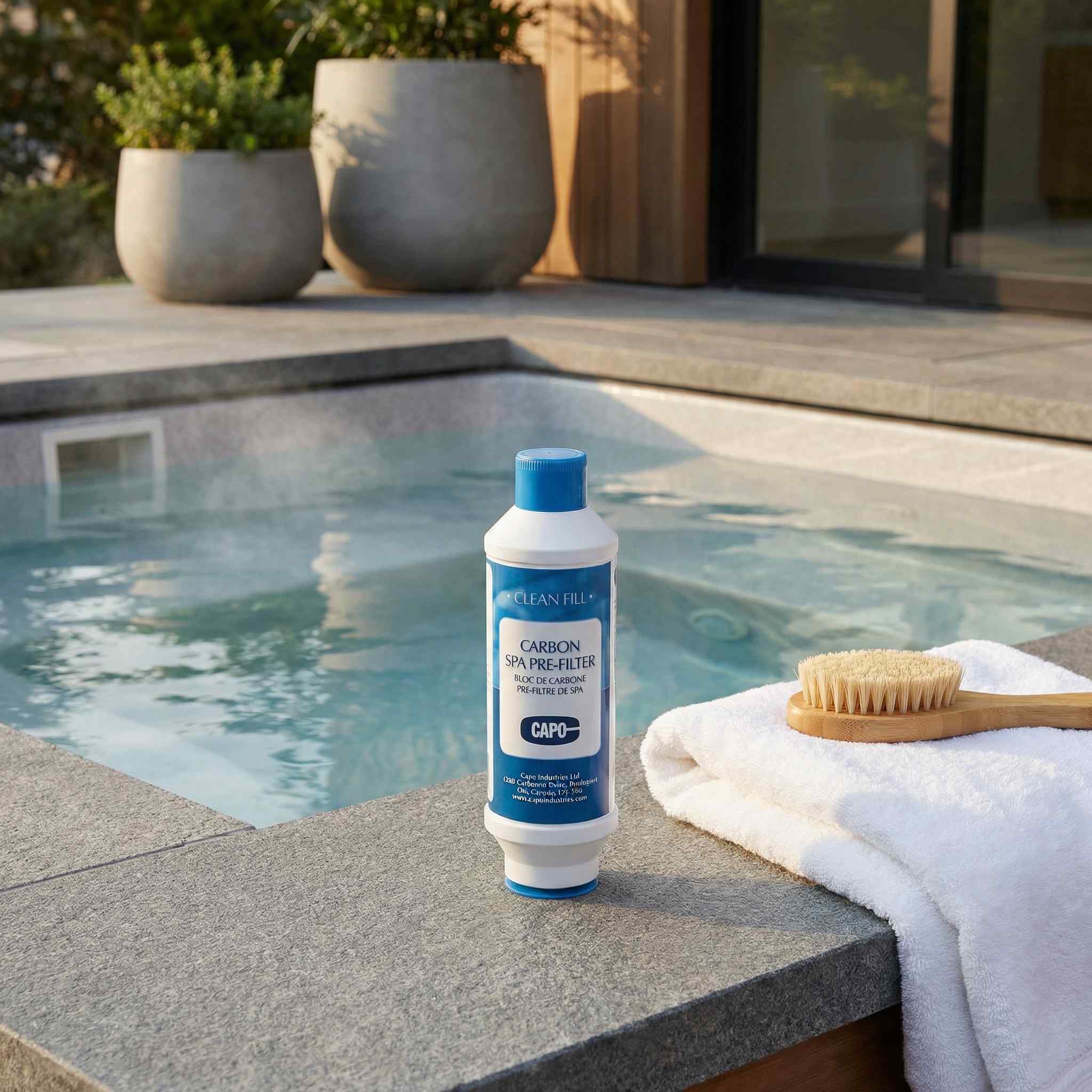 Pool cleaning product with a brush and towel by a pool