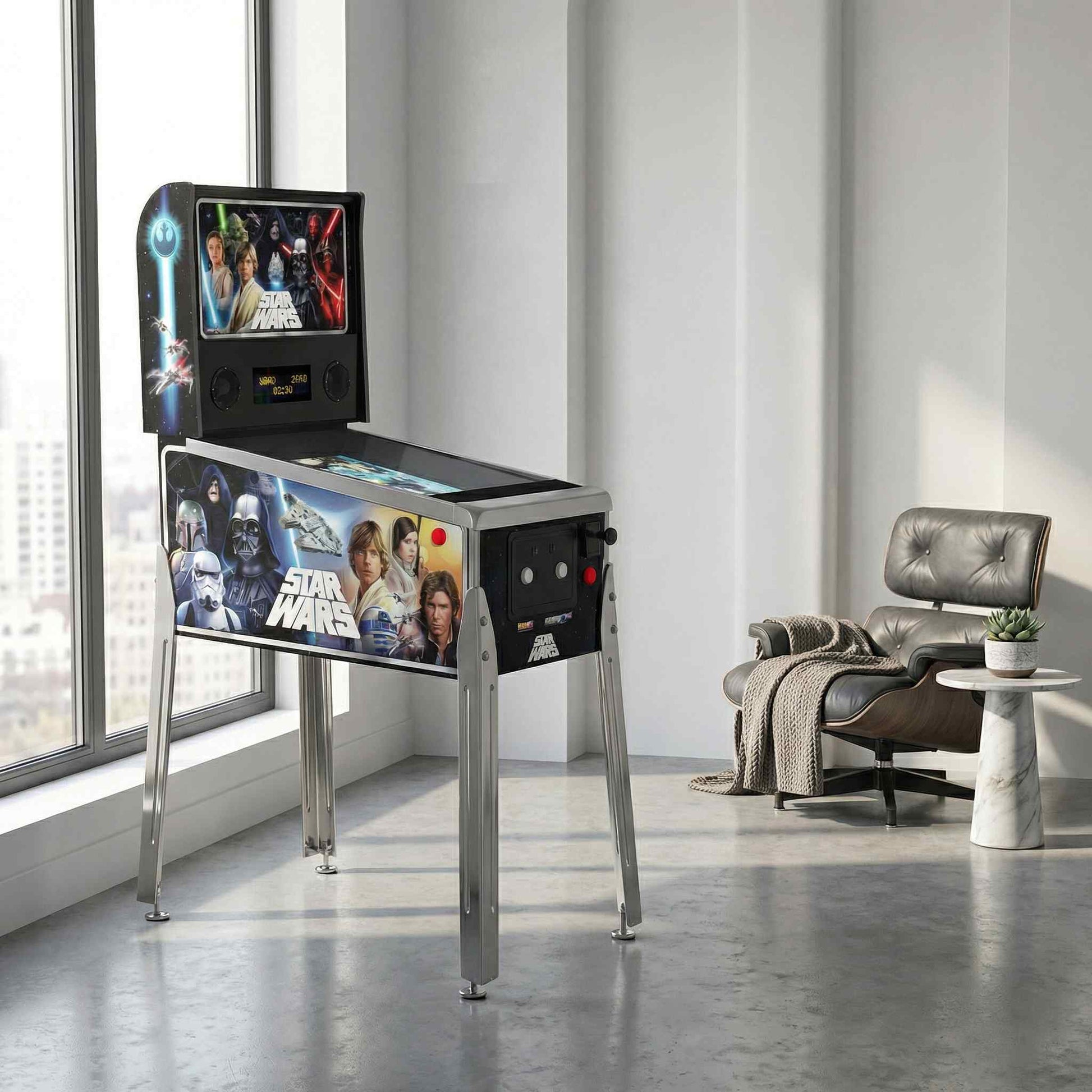 Star Wars-themed arcade machine in a modern room with a chair and small table.