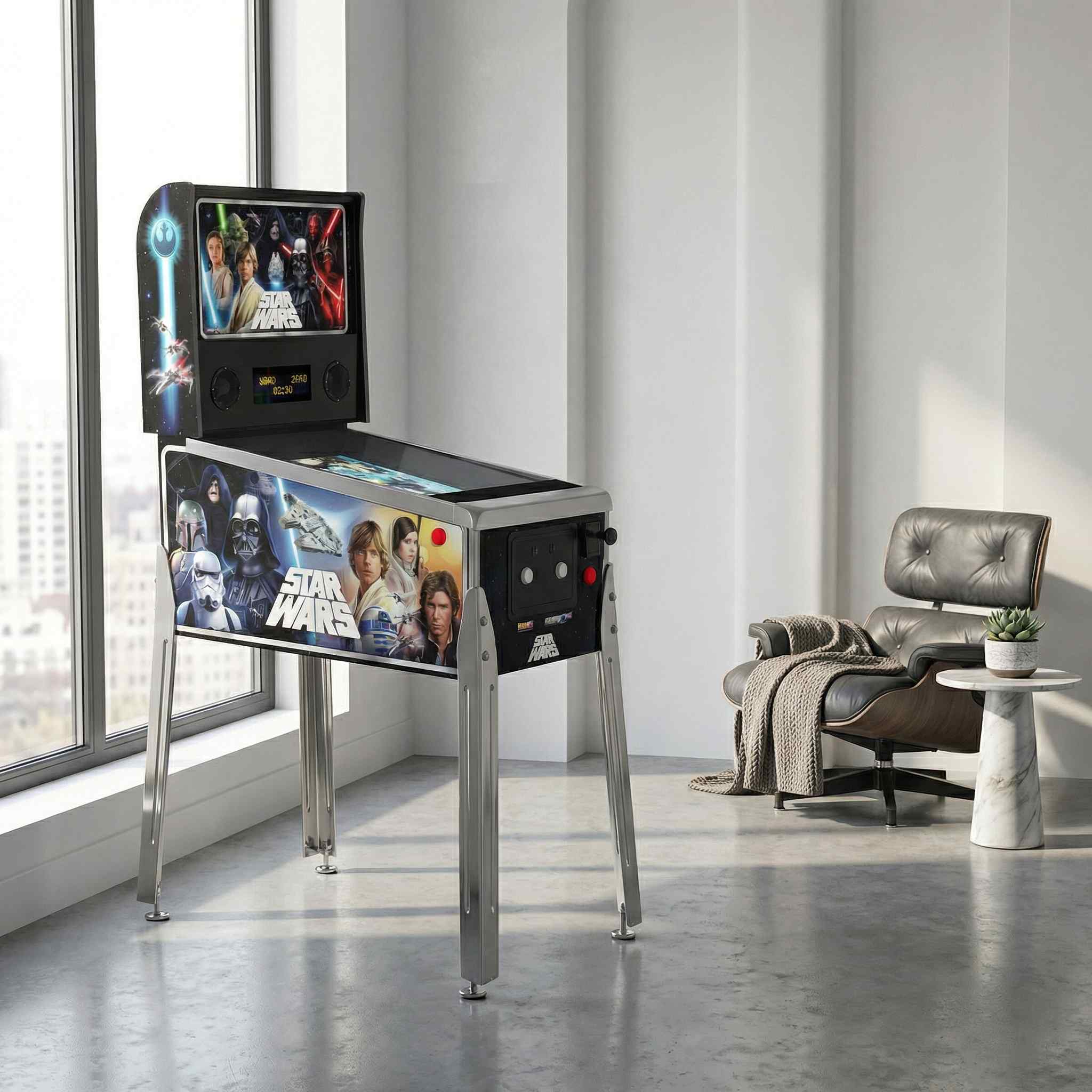 Star Wars-themed arcade machine in a modern room with a chair and small table.