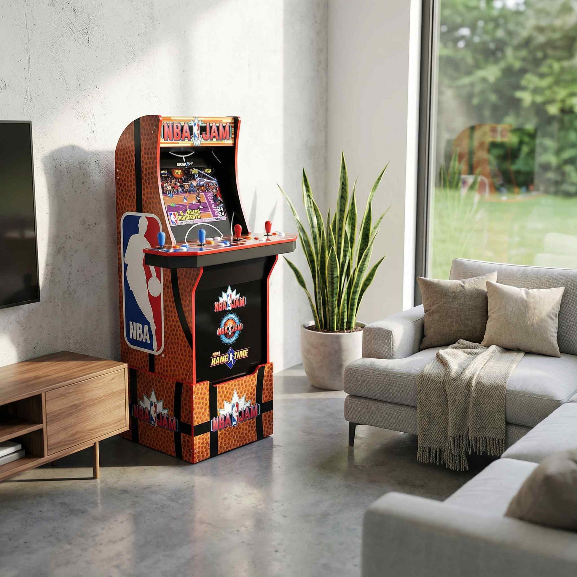 NBA Jam arcade cabinet displayed in a modern living room beside glass patio windows