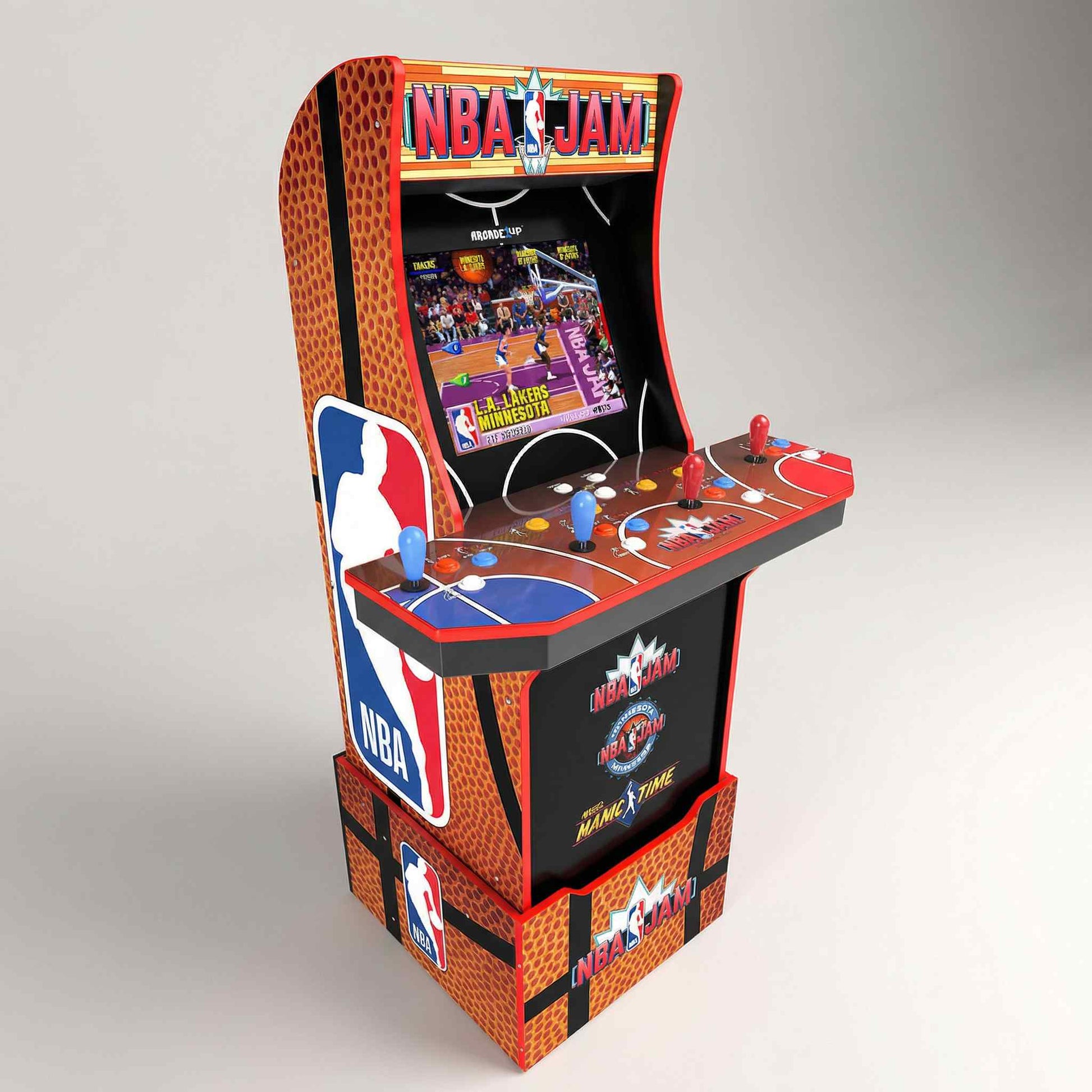 Arcade machine themed after NBA Jam with colorful design and basketball graphics.