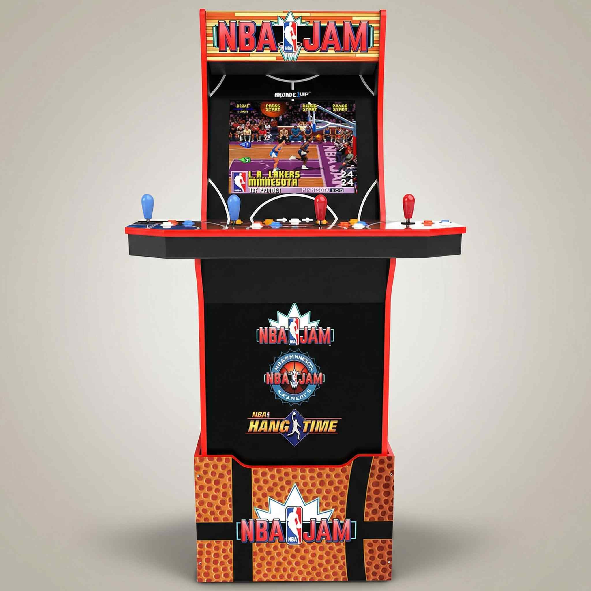 Arcade machine with NBA Jam branding on a plain background