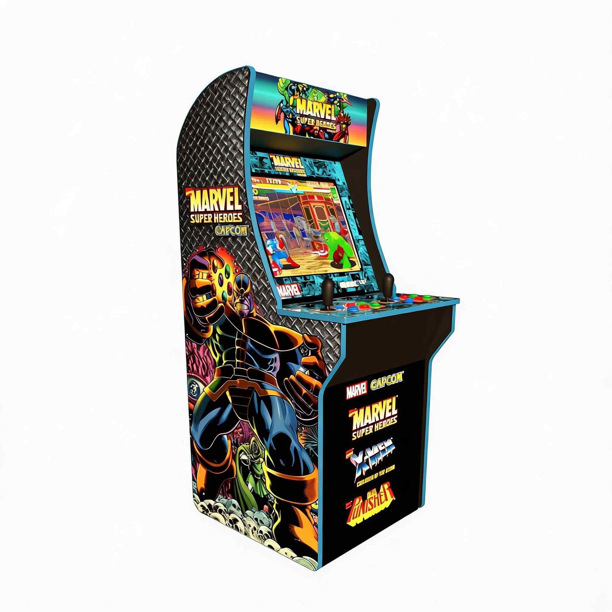 Marvel Superheroes arcade cabinet from a three-quarter angle showing full side panel artwork