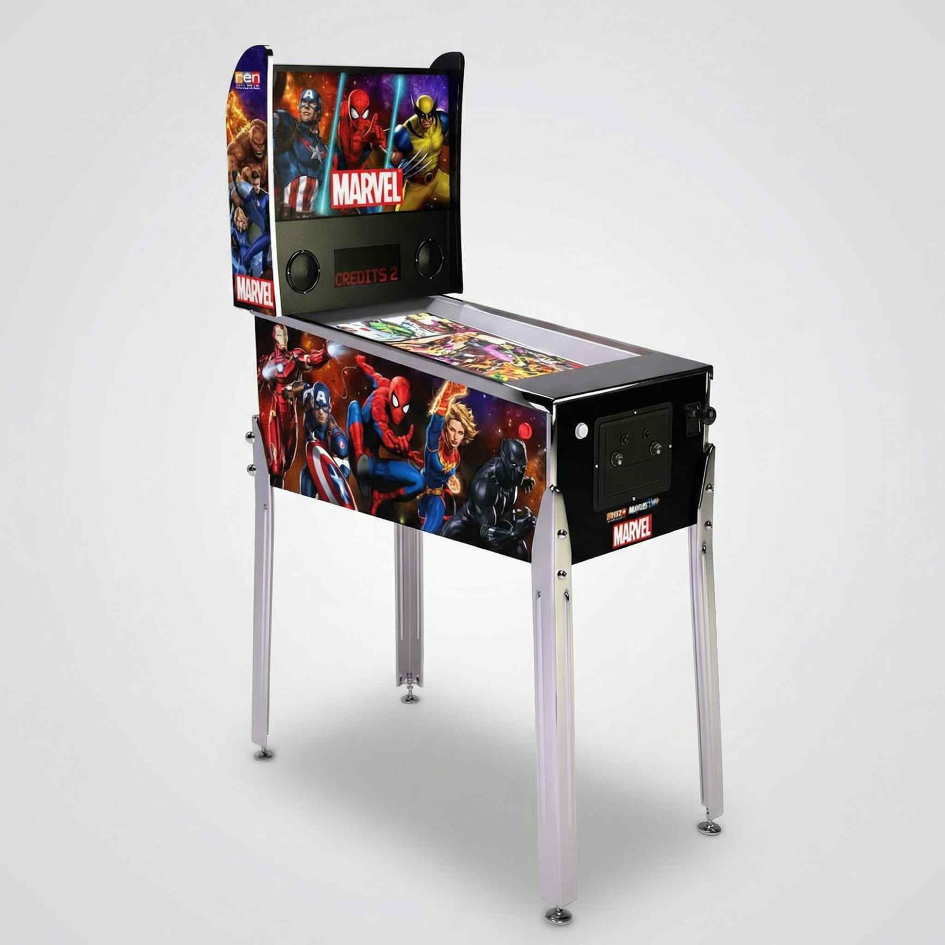Arcade 1Up Marvel pinball machine featuring superhero artwork on cabinet, on white background