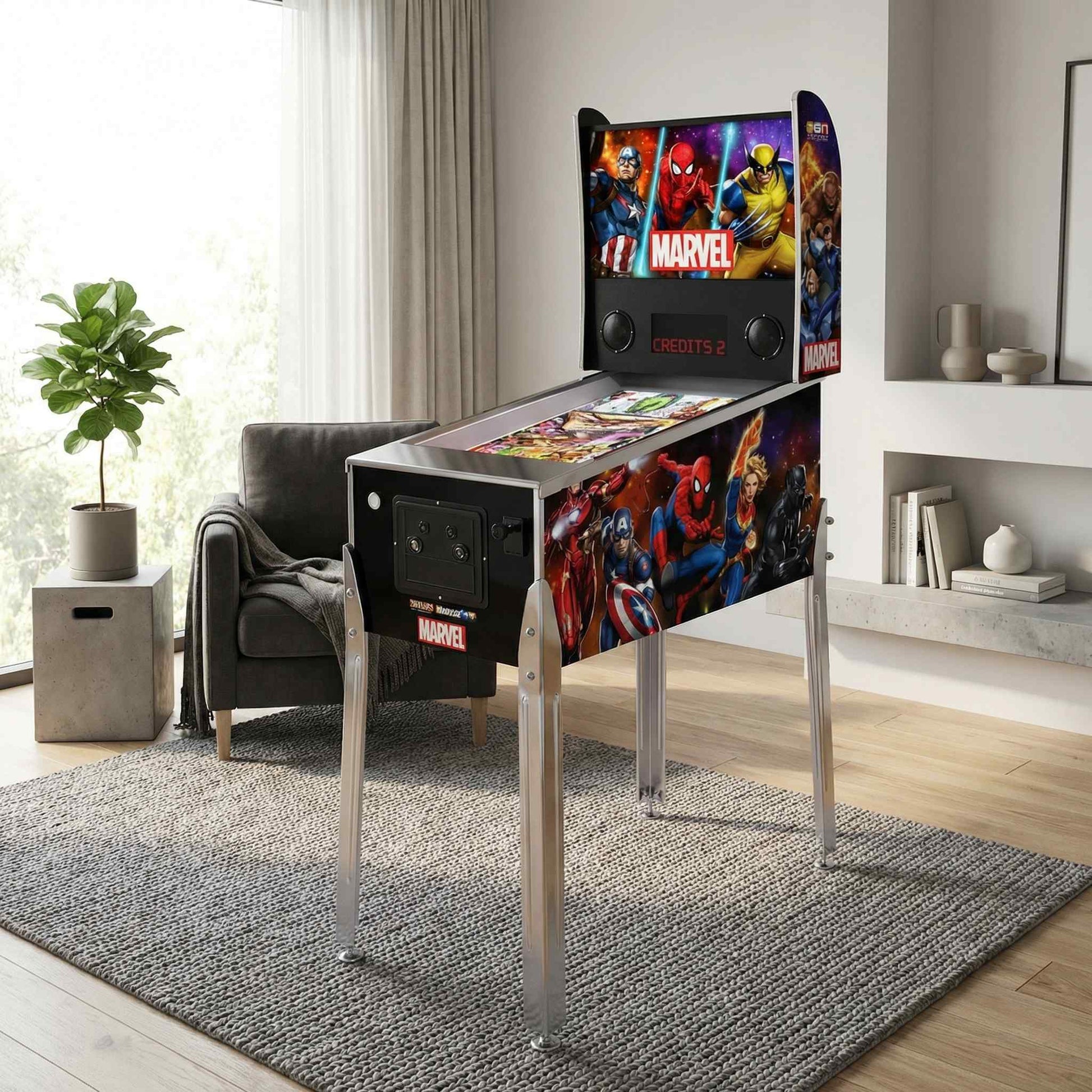 Marvel pinball machine displayed in a bright living room with hardwood floors and modern decor