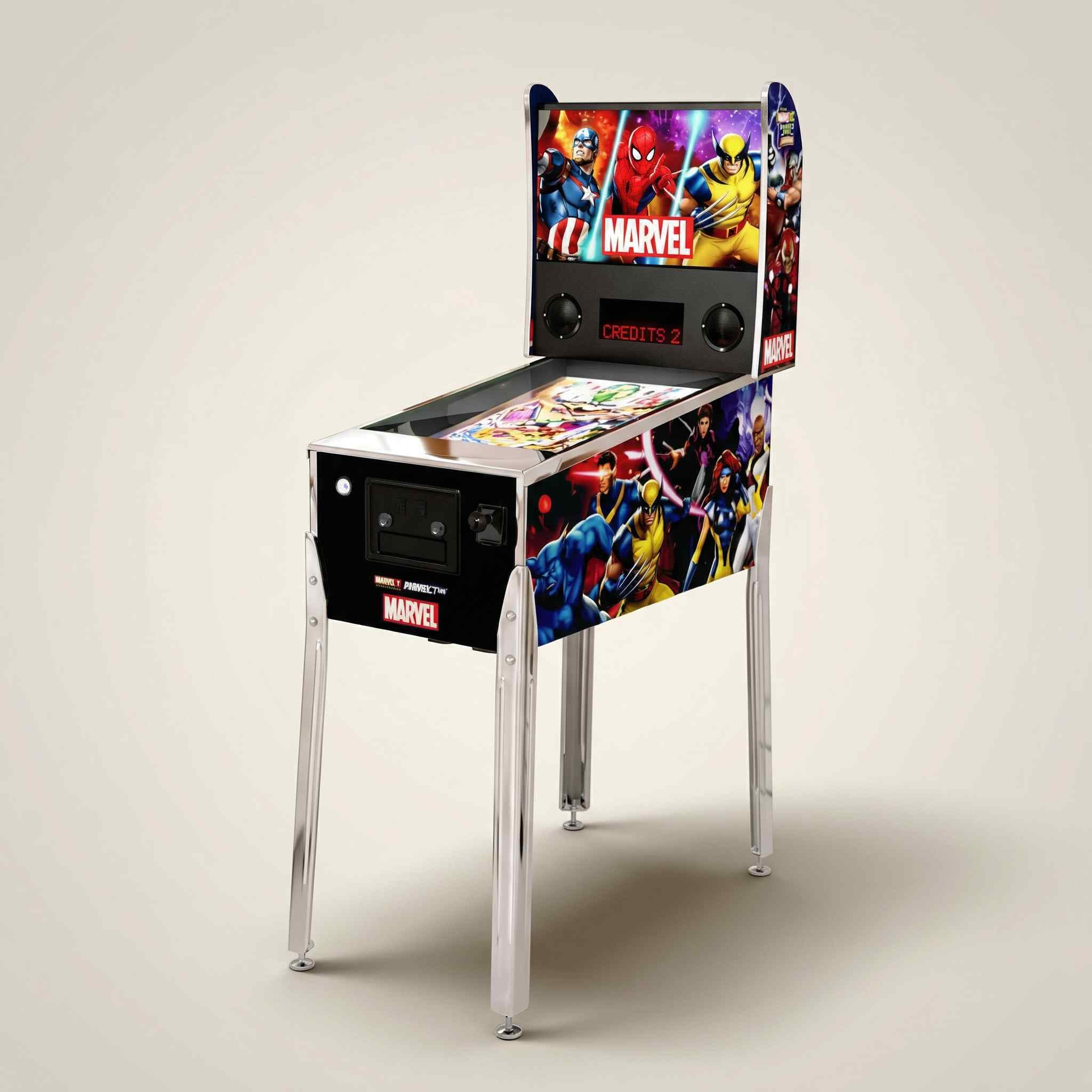 Marvel pinball machine shown from an angle highlighting Spider-Man side panel artwork and flipper buttons