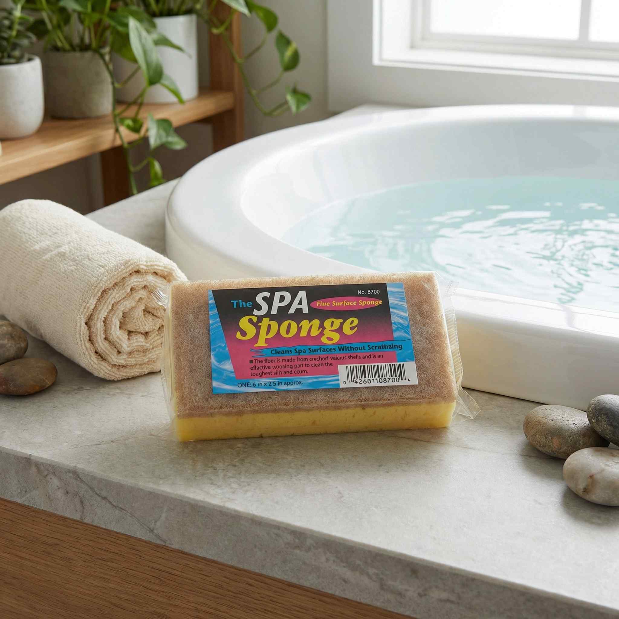 Spa Sponge product displayed beside a white freestanding bathtub in a modern bathroom