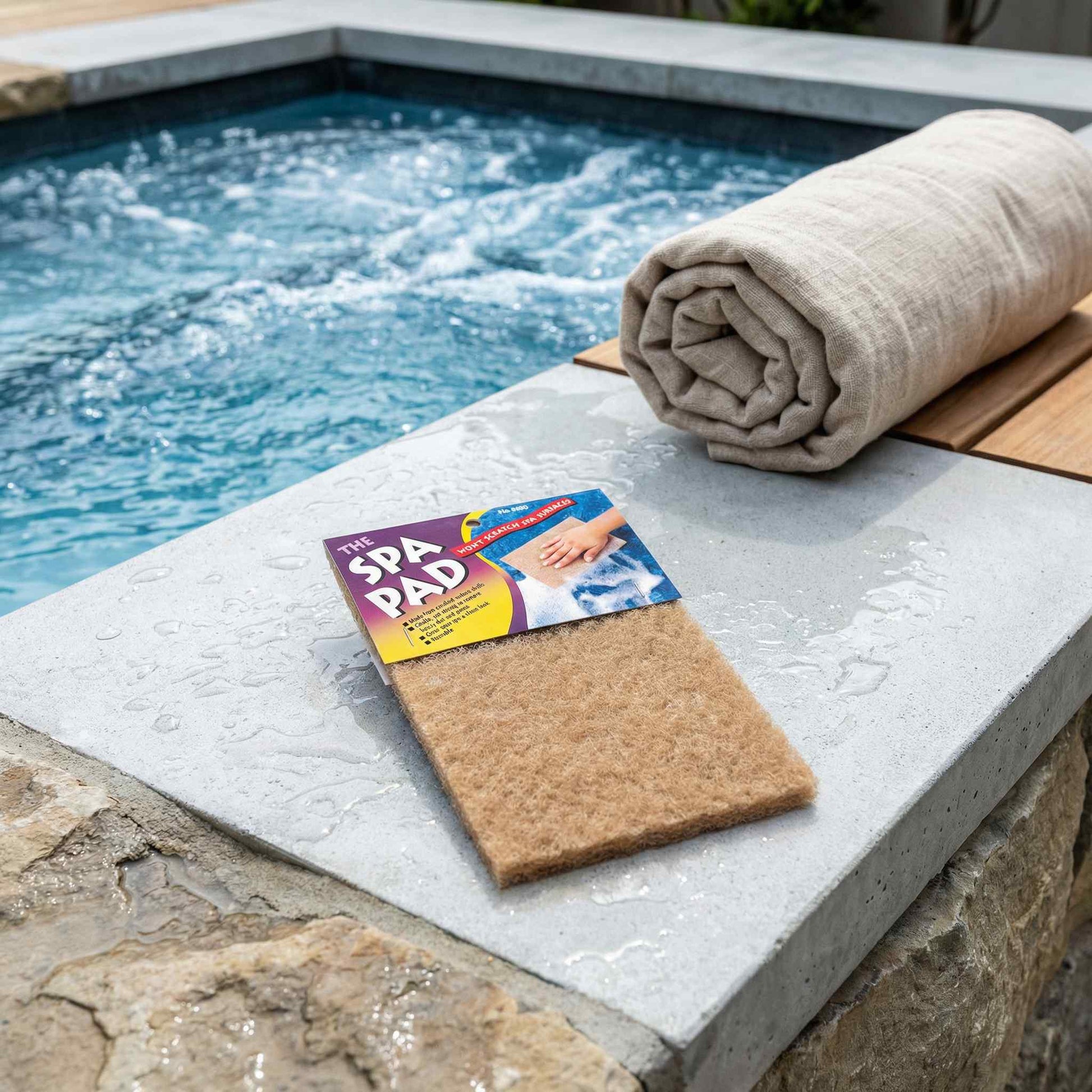 Spa Pad cleaning pad displayed on stone surface next to a rolled towel beside a pool