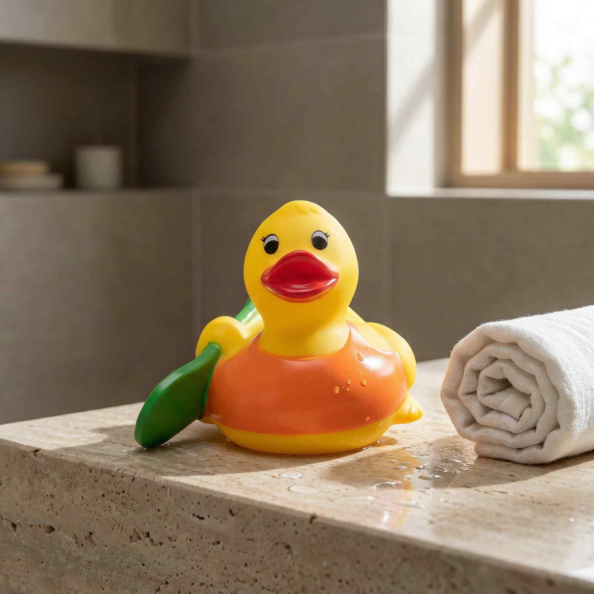 Surfing rubber duck displayed on a stone counter beside a hot tub with towels and decor