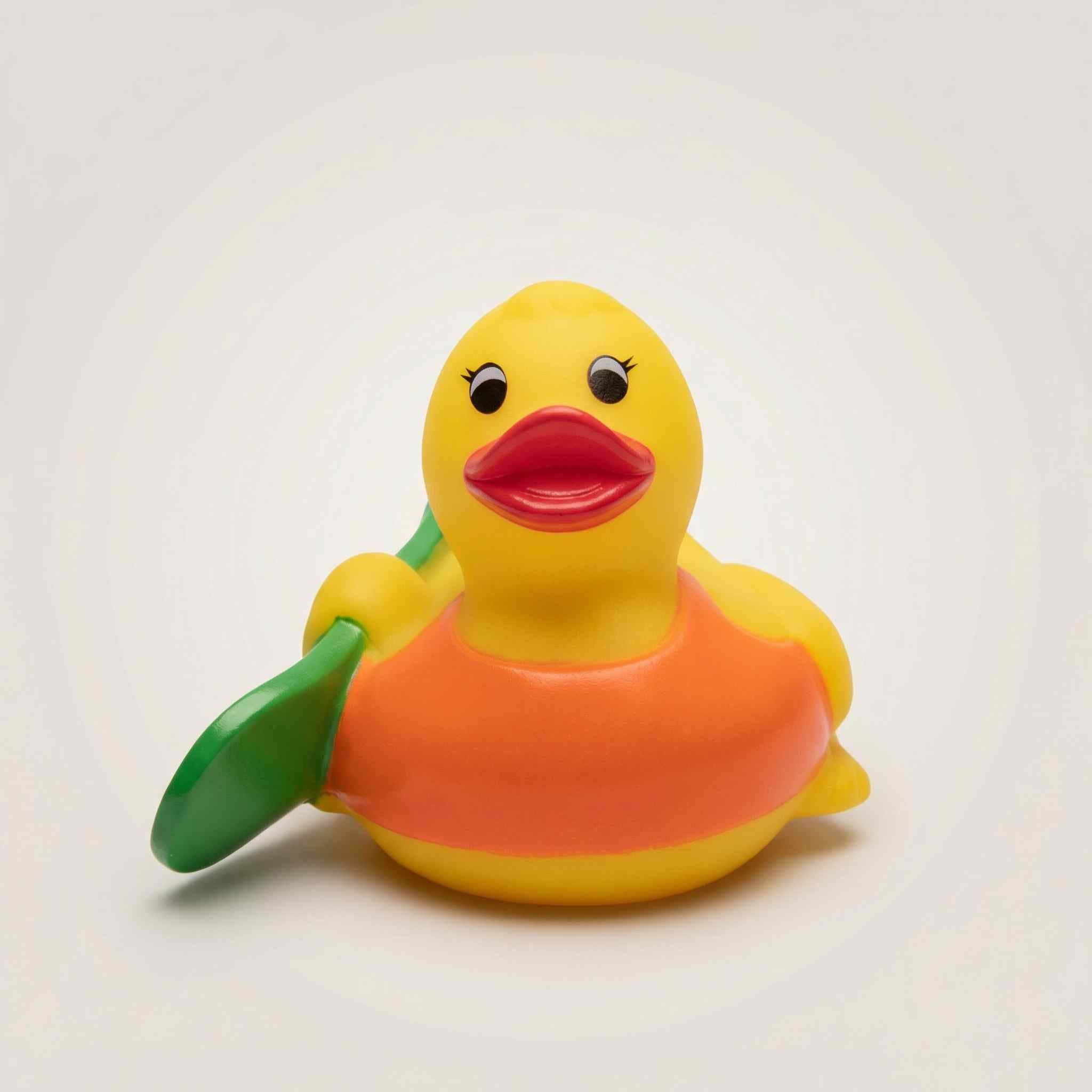 Yellow rubber duck holding a green surfboard shown on white background