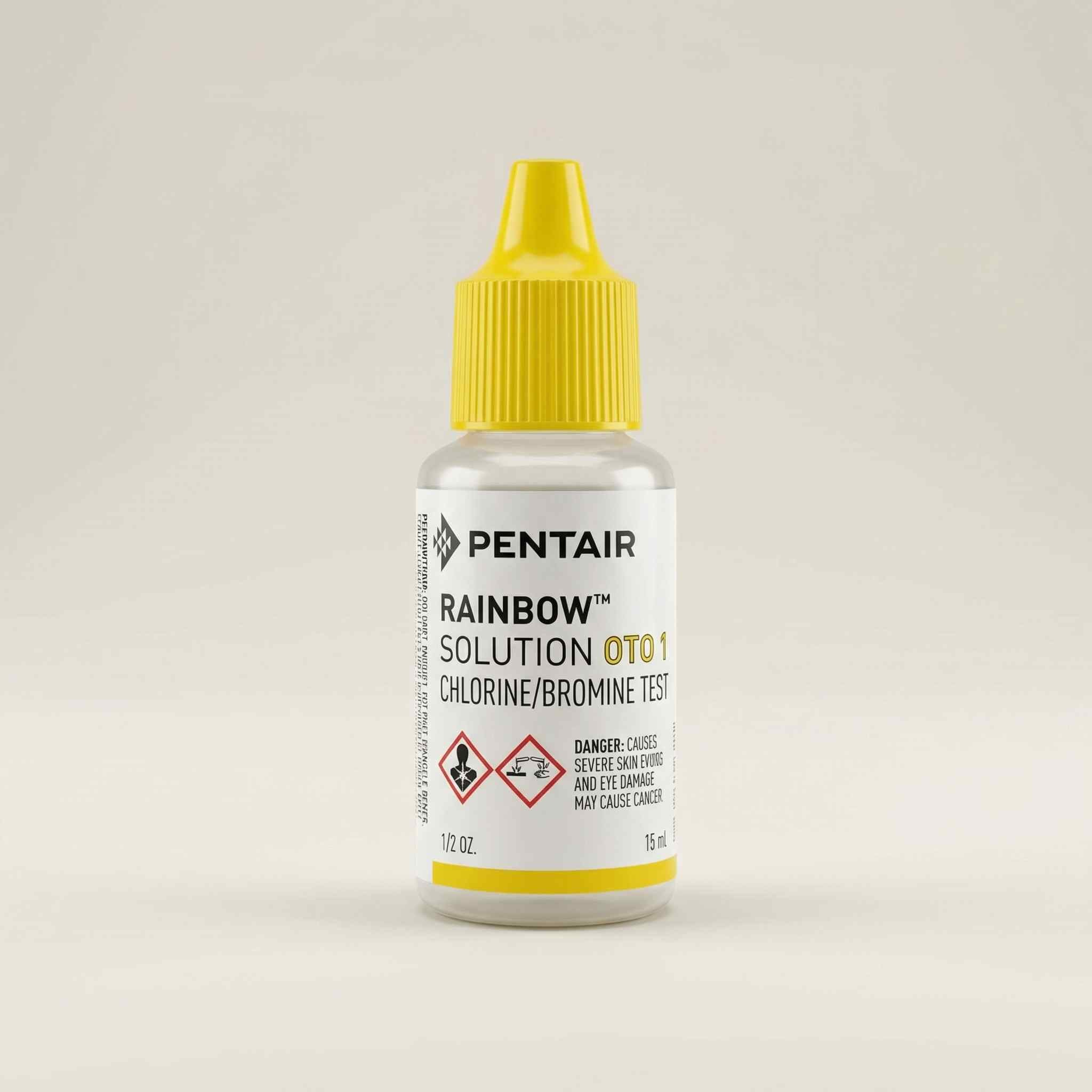 Small bottle of Pentair Rainbow OTO chlorine and bromine test reagent with yellow cap