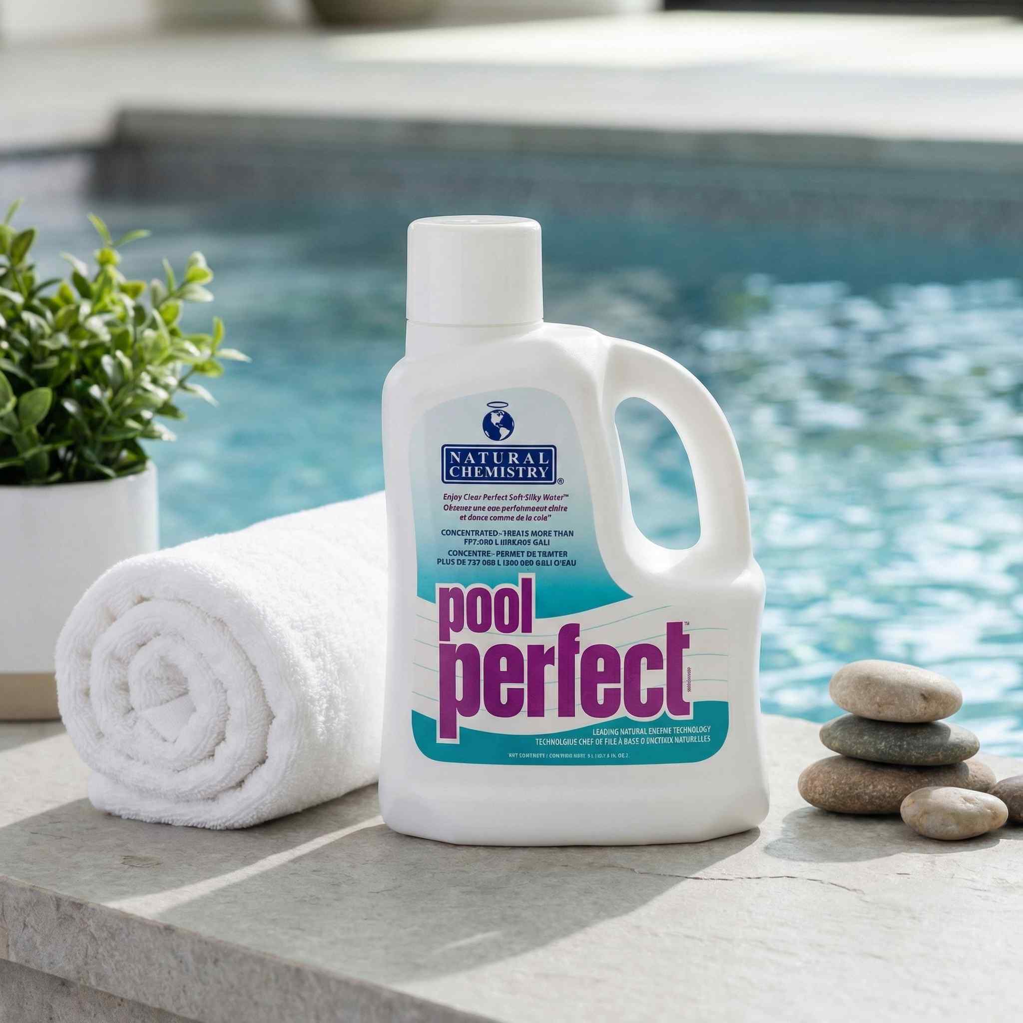 White 3L jug of Natural Chemistry Pool Perfect enzyme treatment displayed on a stone deck beside a turquoise swimming pool