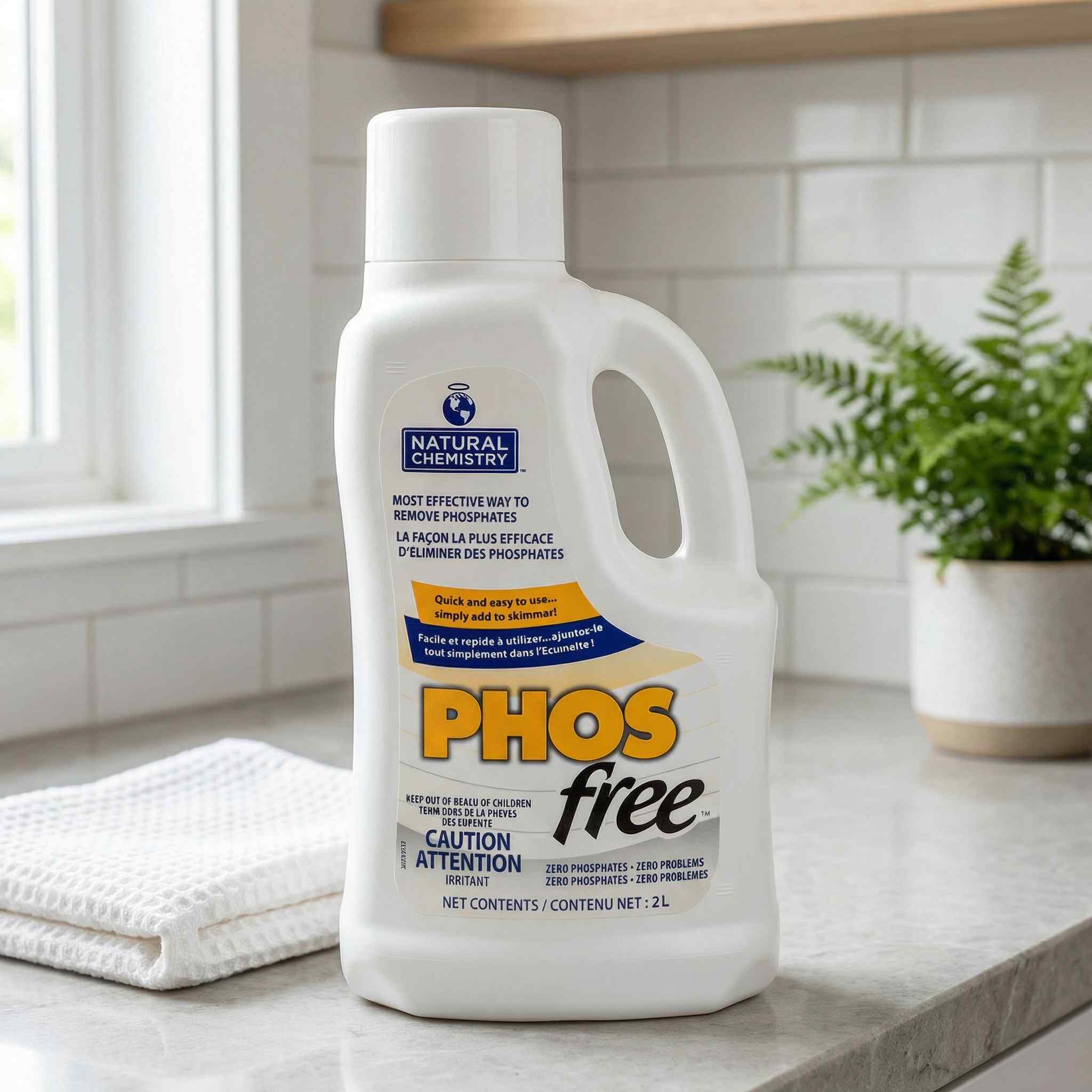 Natural Chemistry Phosfree bottle in a bright bathroom setting with ferns and white towels