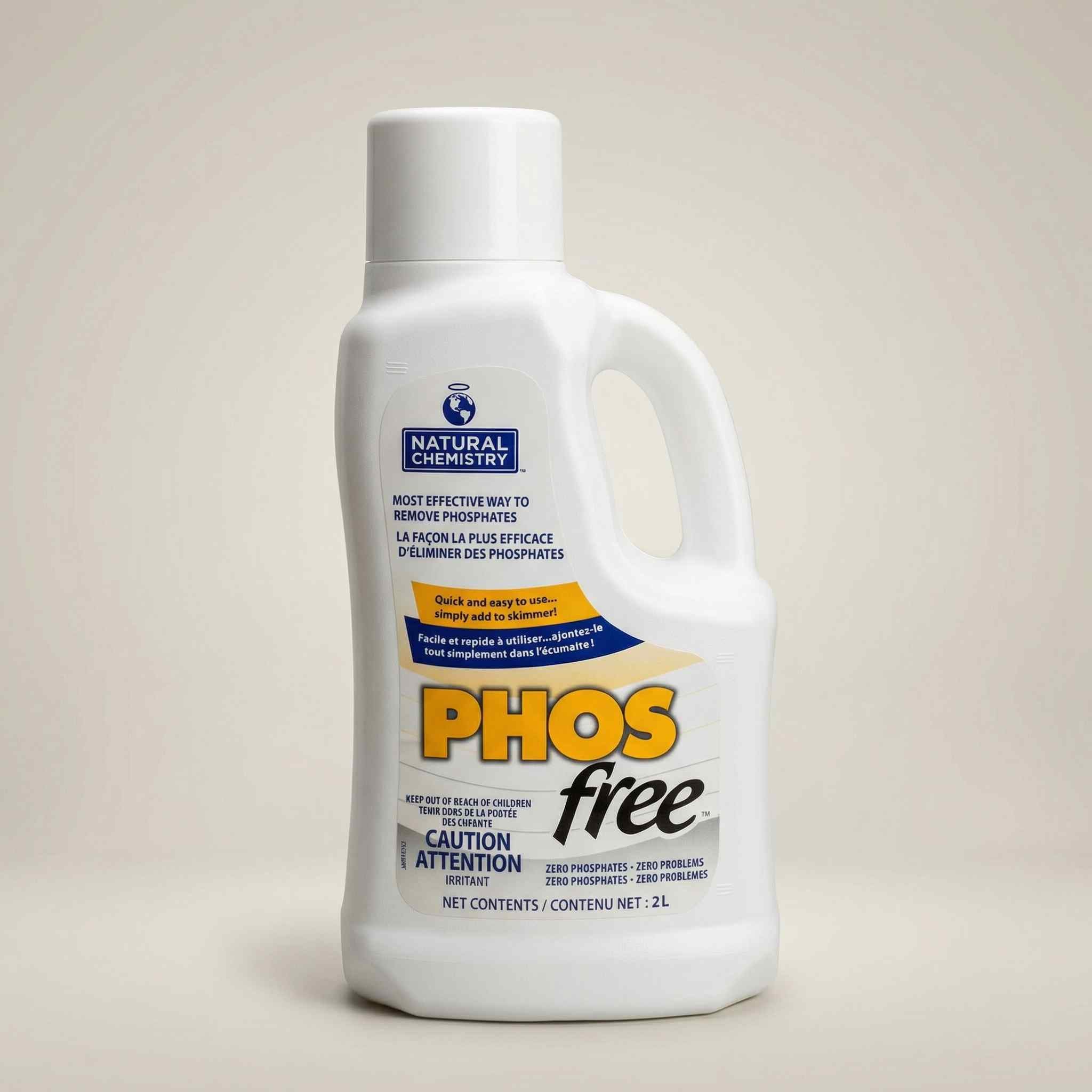White 2L bottle of Natural Chemistry Phosfree phosphate remover with blue and yellow label