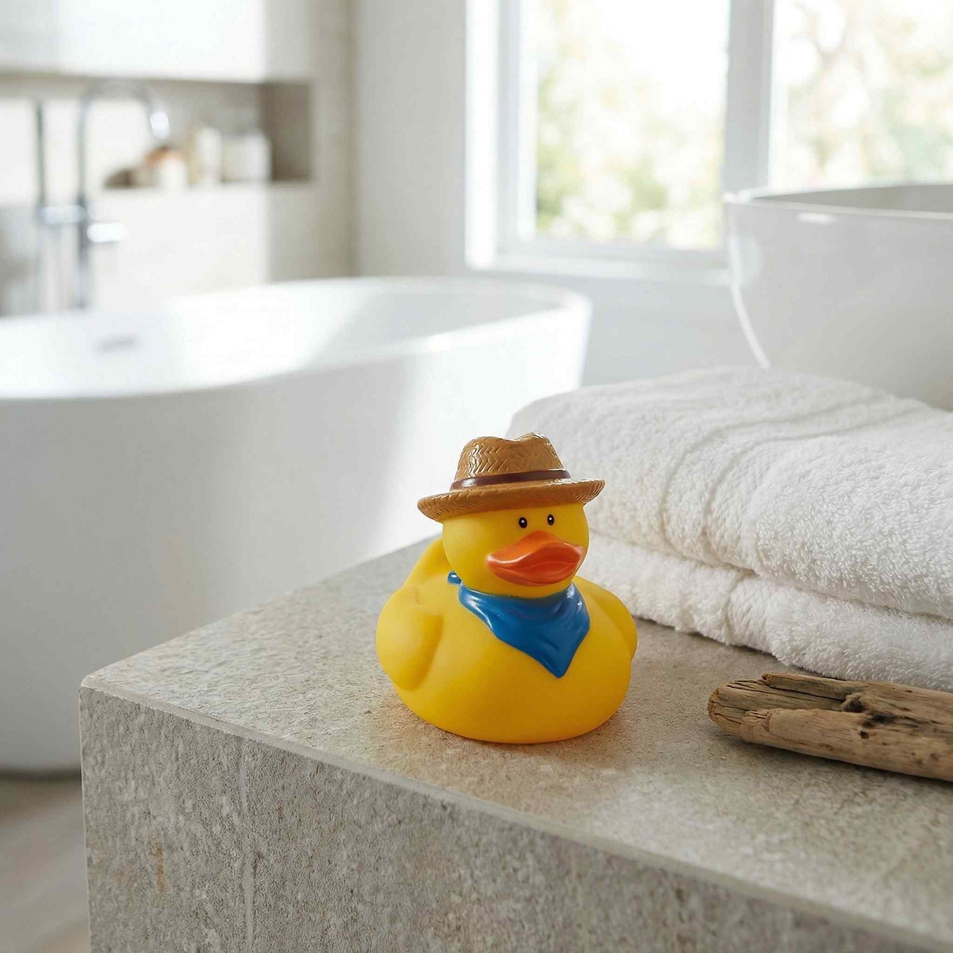 Novelty rubber duck floating near the edge of a white bathtub with towels nearby