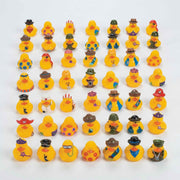 Collection of 30+ assorted novelty mini rubber ducks in various costumes arranged in rows