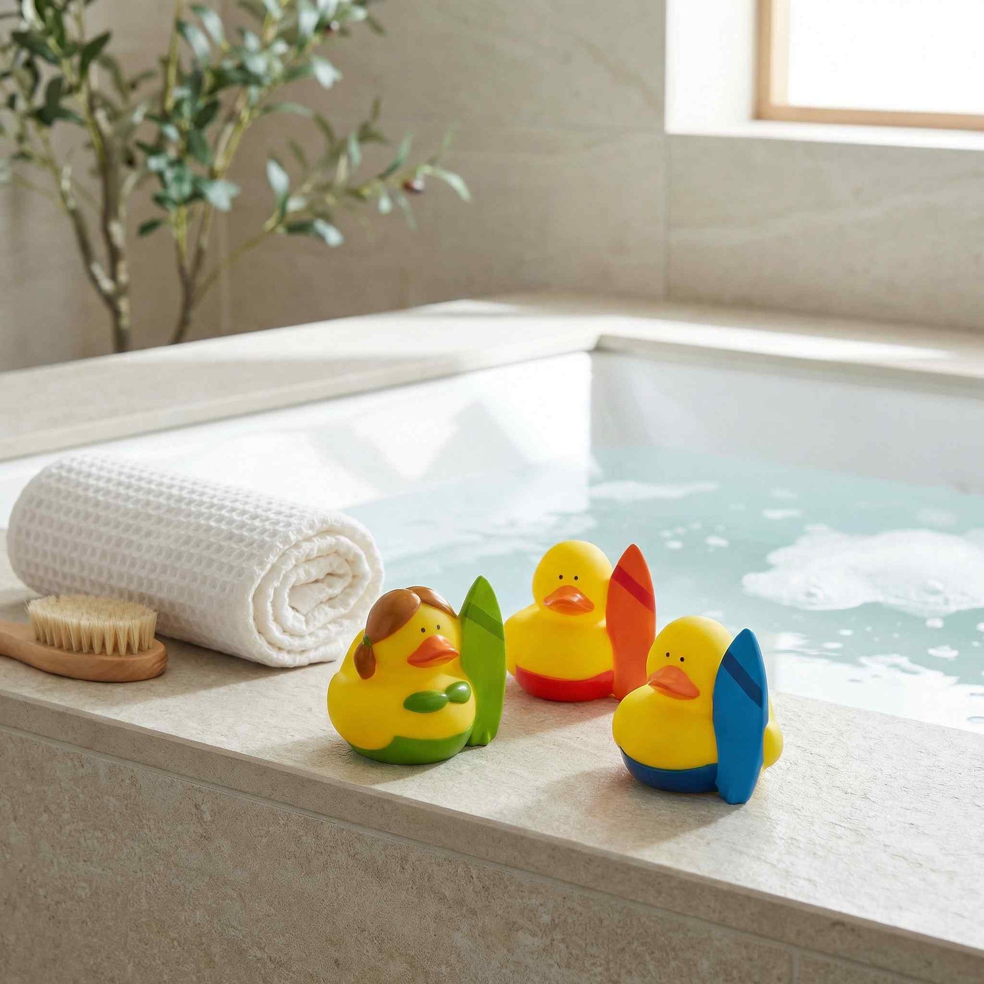 Hawaiian-themed mini rubber ducks floating on the bubbling water surface of a hot tub