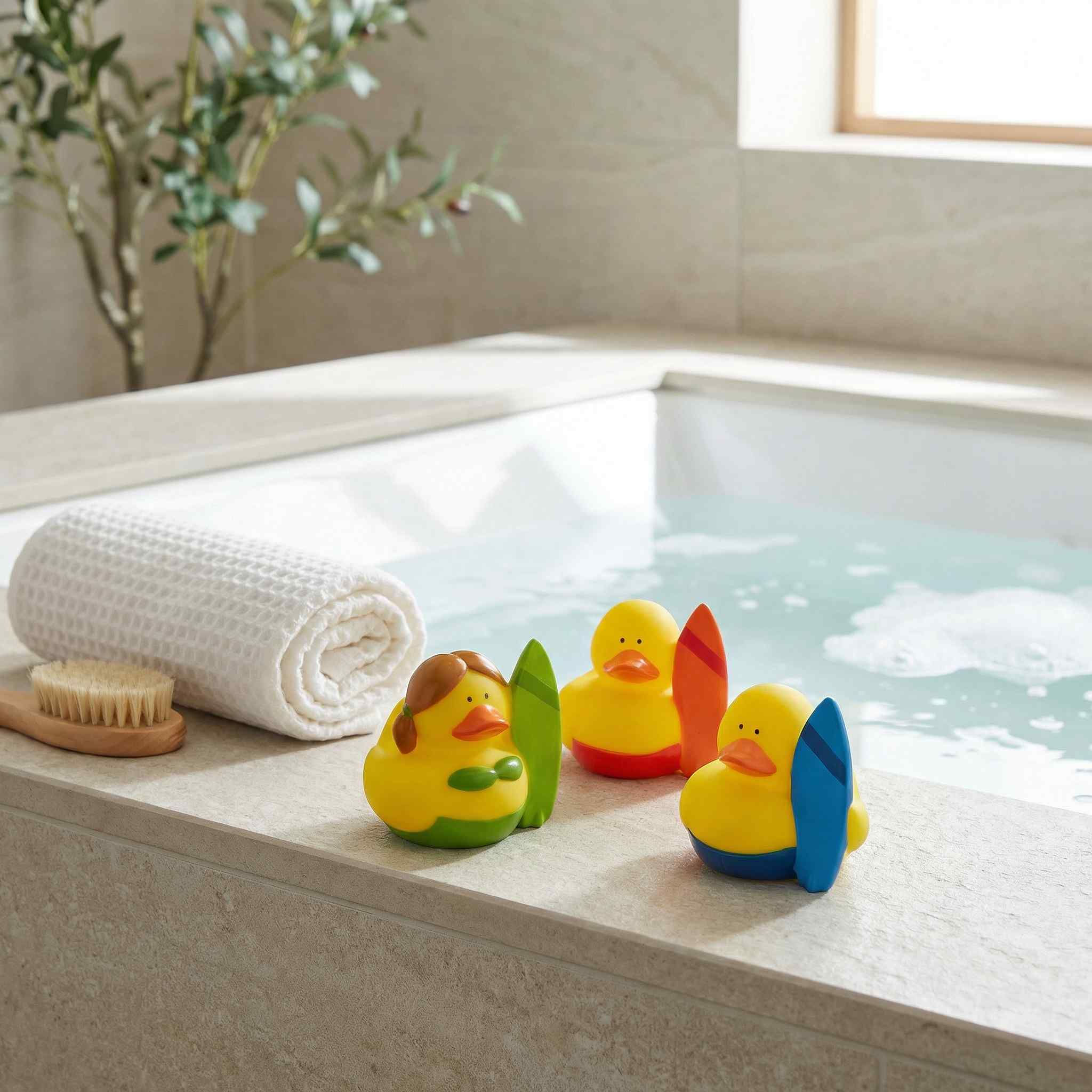 Hawaiian-themed mini rubber ducks floating on the bubbling water surface of a hot tub