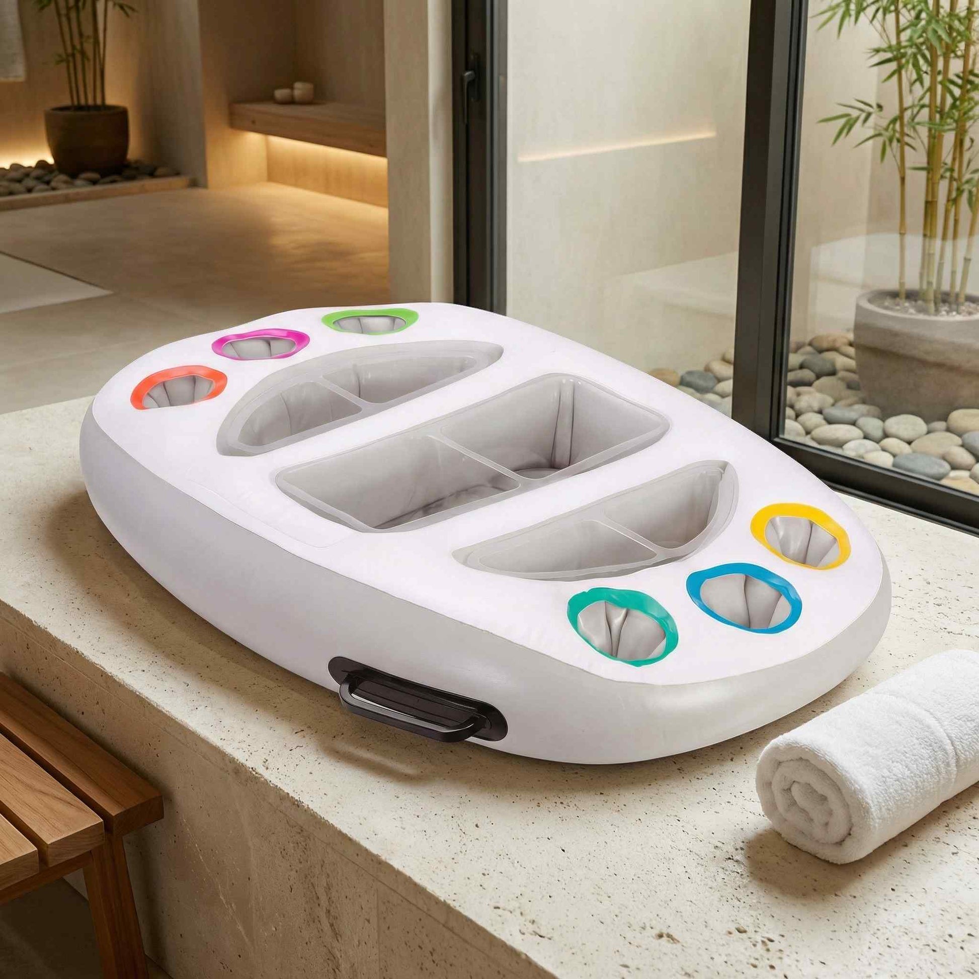 Floating drink holder displayed beside a hot tub in a luxury setting with towels and toiletries