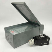 Grey metal GFCI 60A hot tub electrical breaker box with lid open showing wiring and breaker switch
