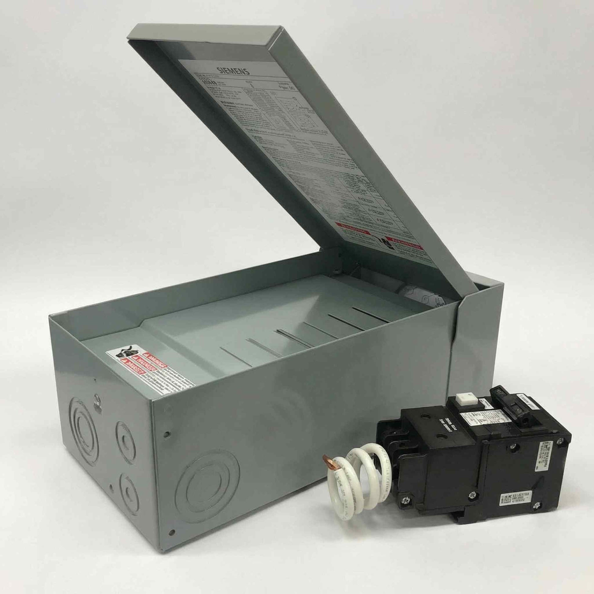 Grey metal GFCI 60A hot tub electrical breaker box with lid open showing wiring and breaker switch