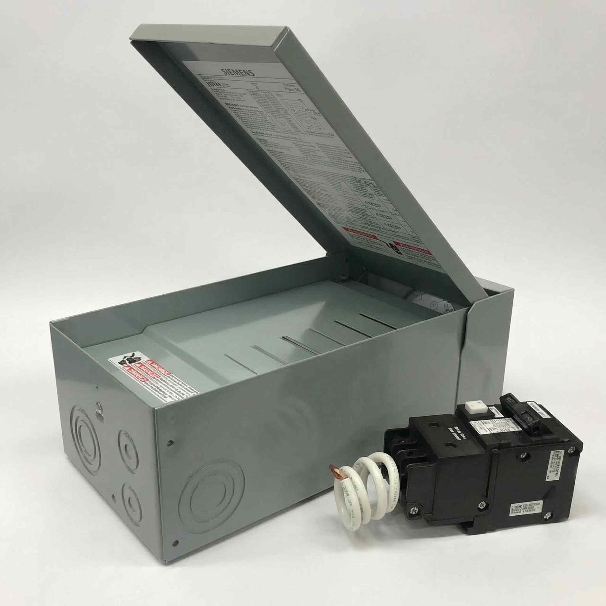 Grey metal GFCI 60A hot tub electrical breaker box with lid open showing wiring and breaker switch