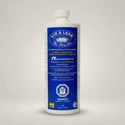 Blue bottle of Fix-A-Leak pool and hot tub leak repair solution with danger label, 32 oz