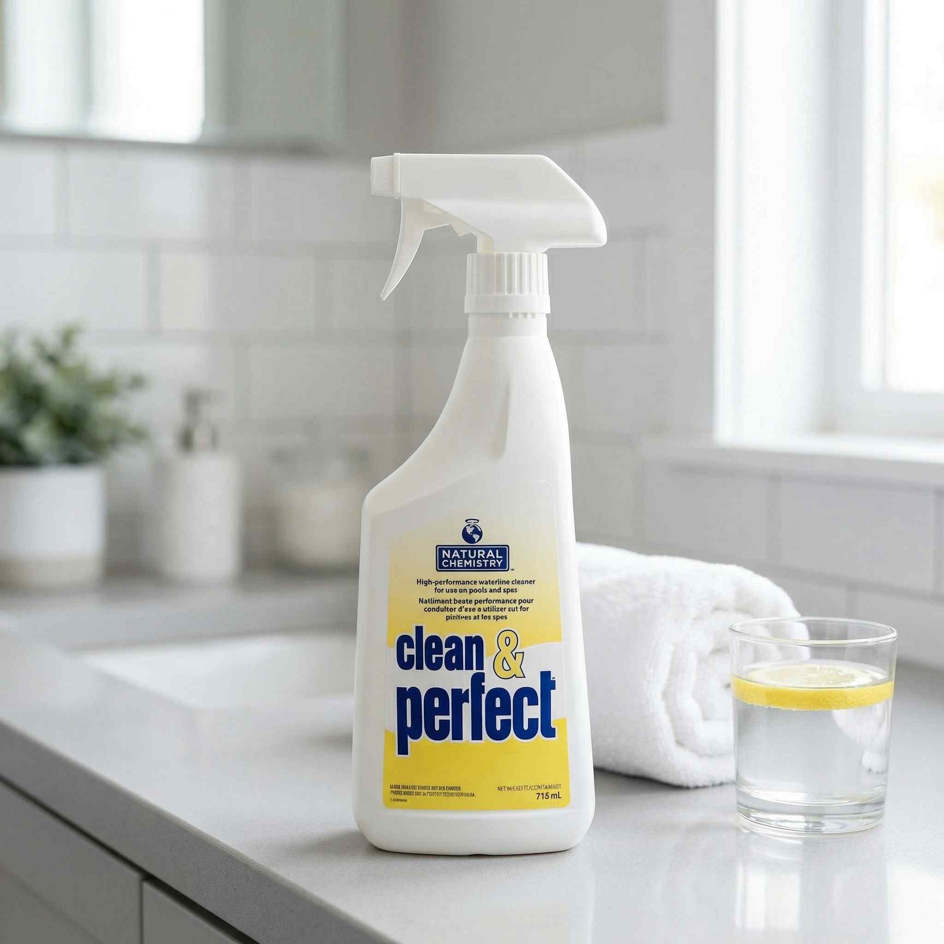 Spray bottle labeled 'clean & perfect' on a kitchen counter with a glass of water and lemon.