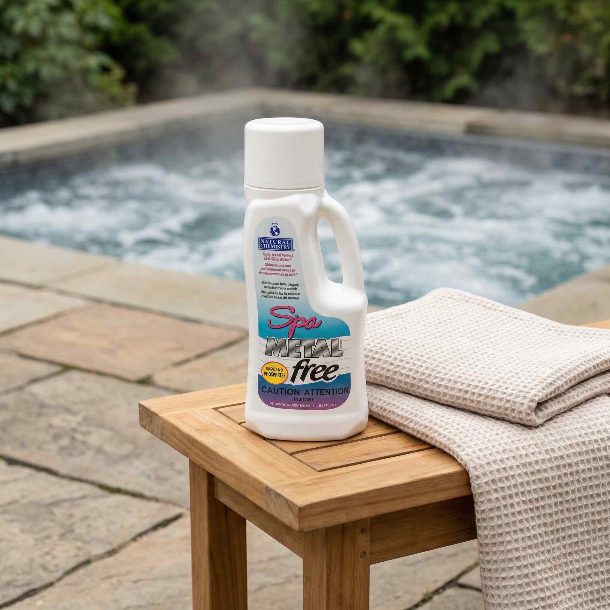 White 1L bottle of Natural Chemistry Metal Free displayed beside a hot tub on a wooden stool with towels